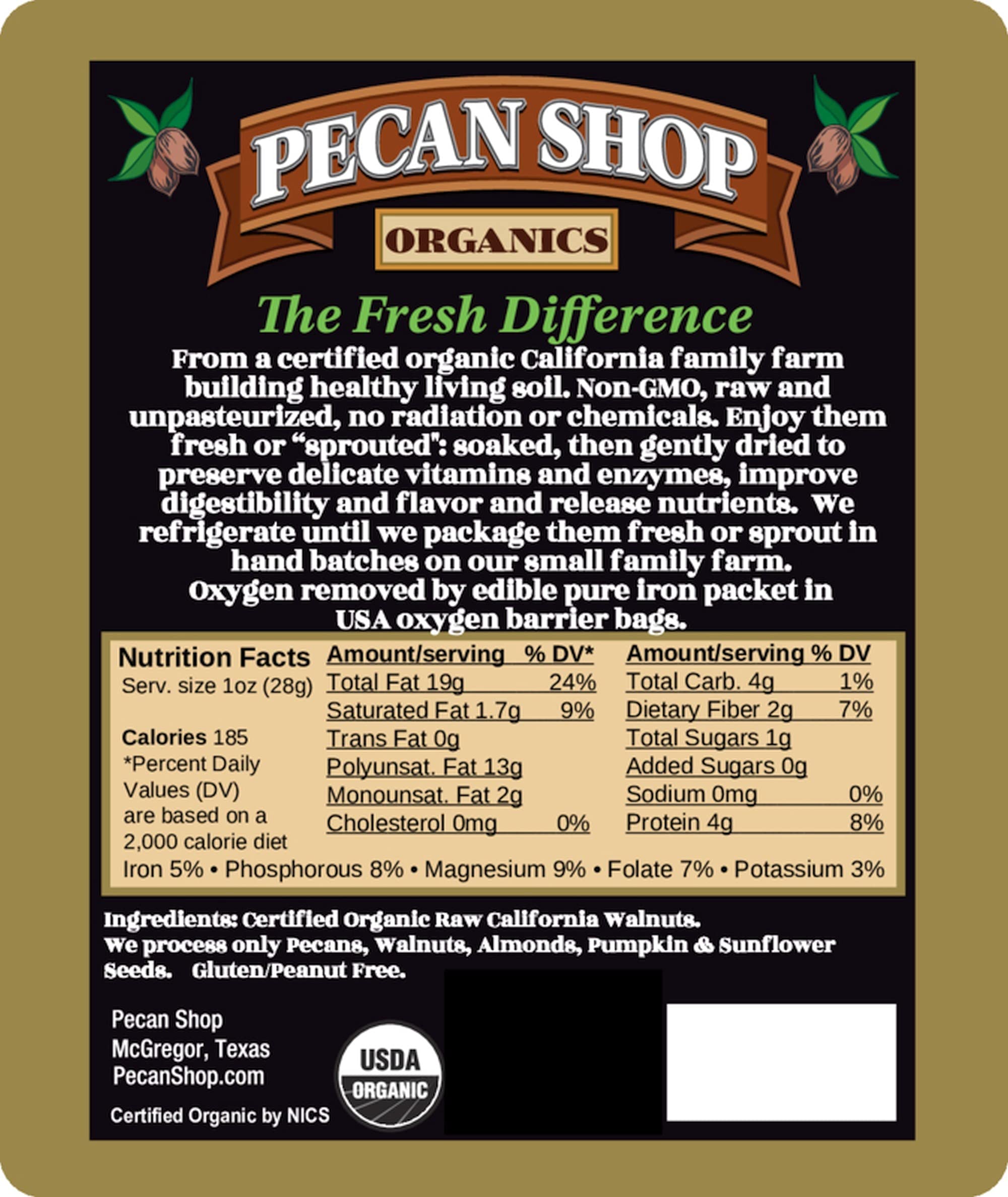 Pecan Shop Sprouted Organic Raw California Walnuts, High halves Count, Unsalted, 12 Ounce