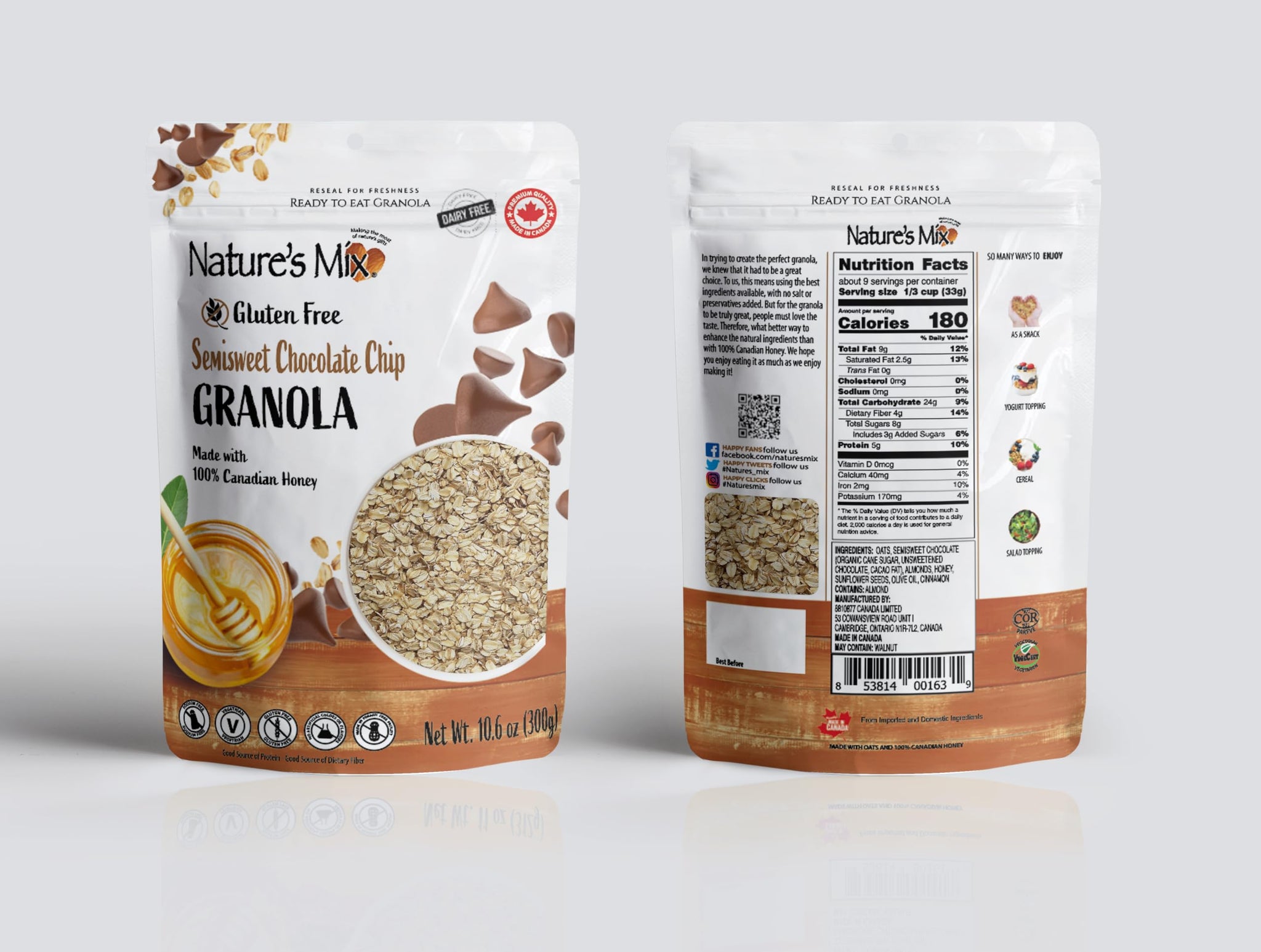 Gluten Free - Semisweet Chocolate Chip Granola - Dairy Free & Soy Free Chocolate - Vegetarian and Kosher Certified 10.60 oz