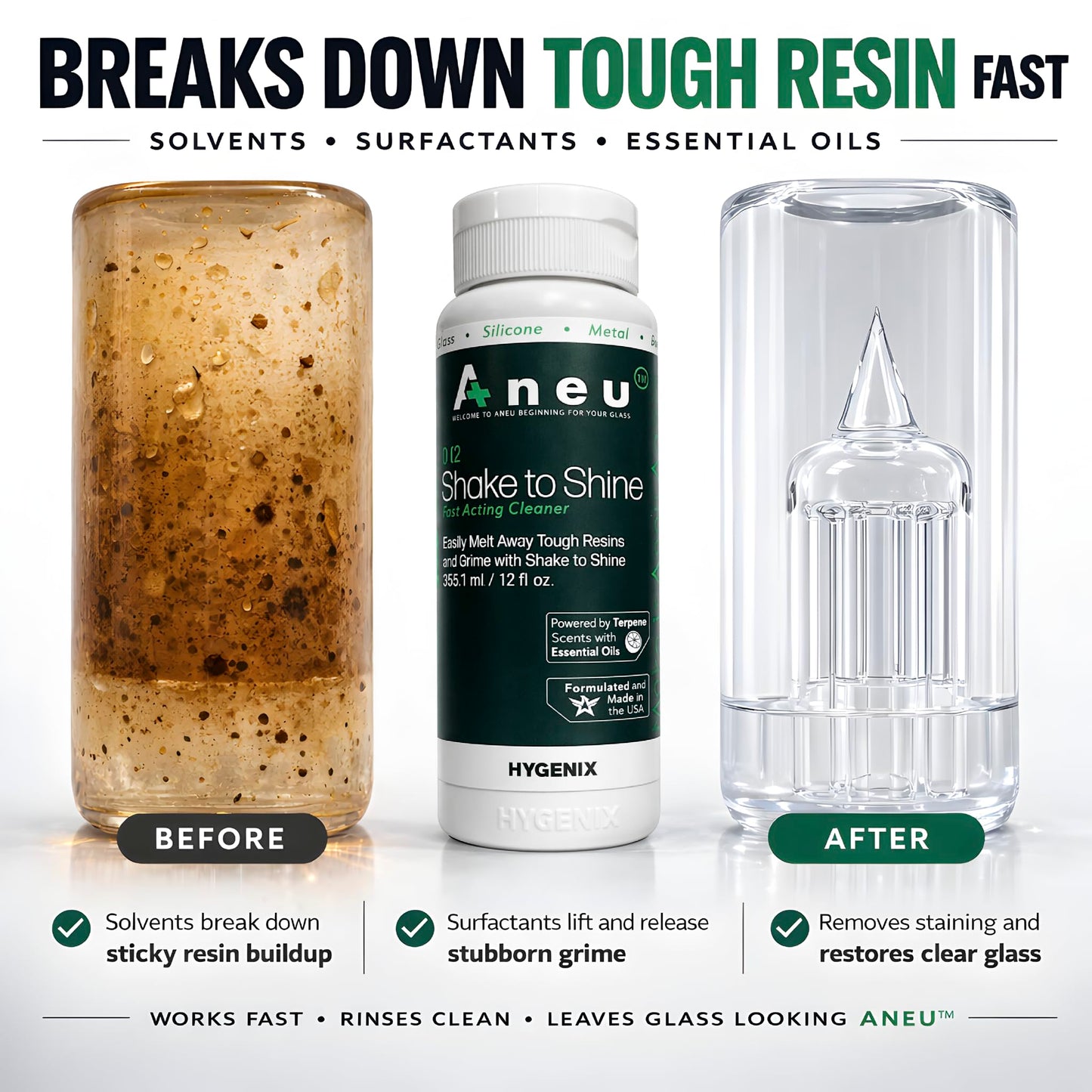 Aneu Shake to Shine (1 Pack) - Fast-Acting Cleaner | Shake Away Tough Resins & Grime | Cleans Glass, Silicone, Metal, & Borosilicate | 12oz - 1 Pack