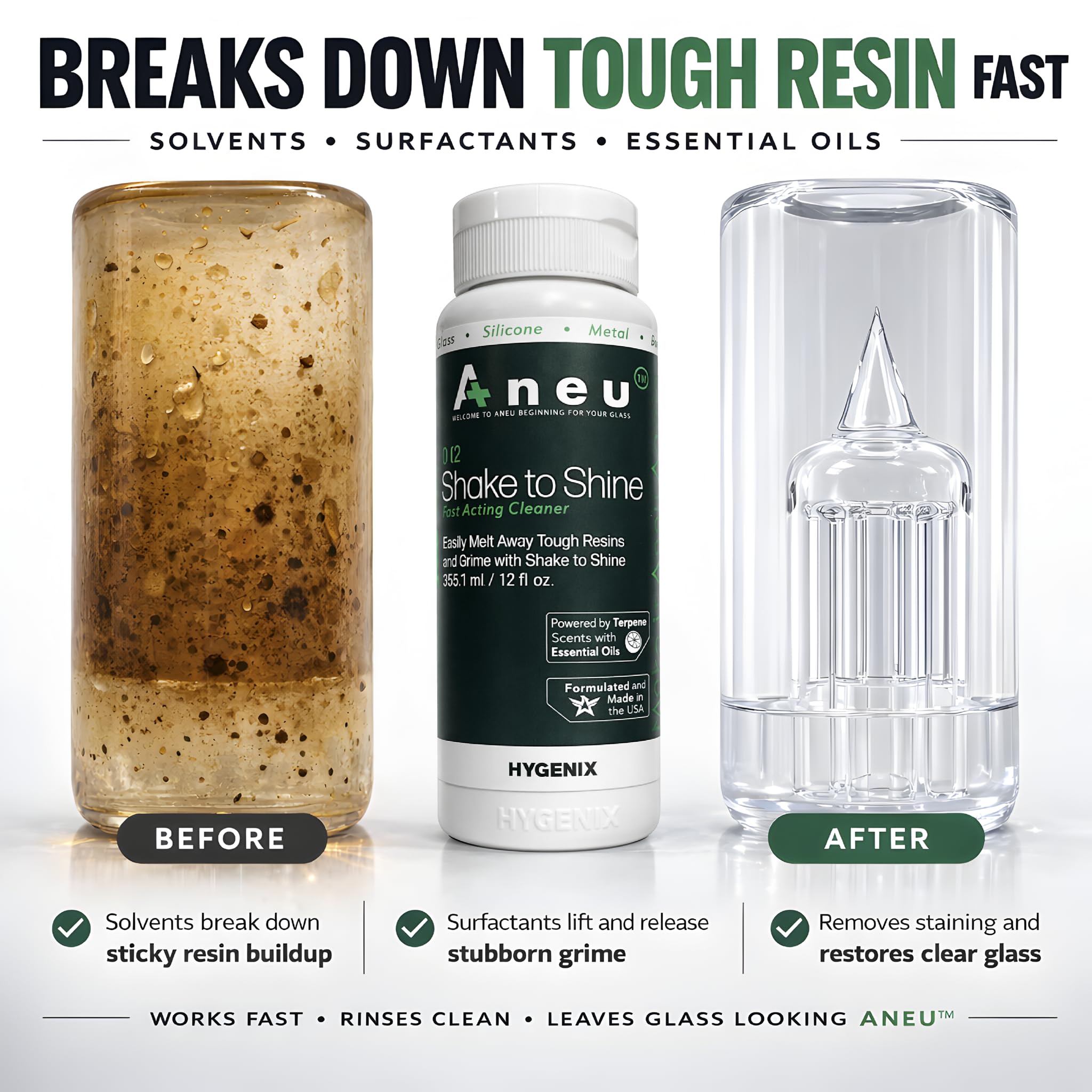 Aneu Shake to Shine (1 Pack) - Fast-Acting Cleaner | Shake Away Tough Resins & Grime | Cleans Glass, Silicone, Metal, & Borosilicate | 12oz - 1 Pack