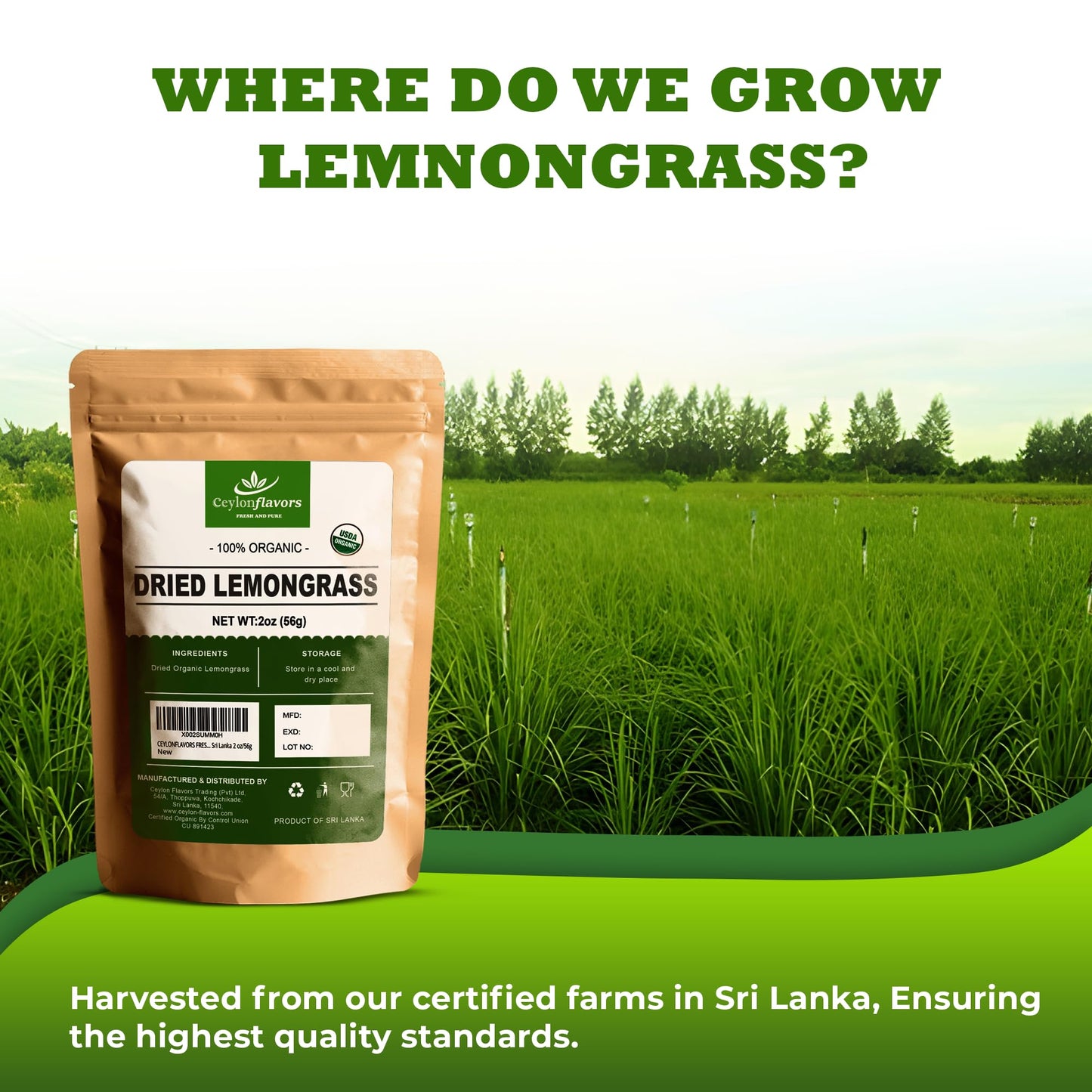 CEYLONFLAVORS FRESH AND PURE Organic Premium Grade Dried Lemon Grass Cut, harvested from a Organic Farm in Sri Lanka 2 oz/56g
