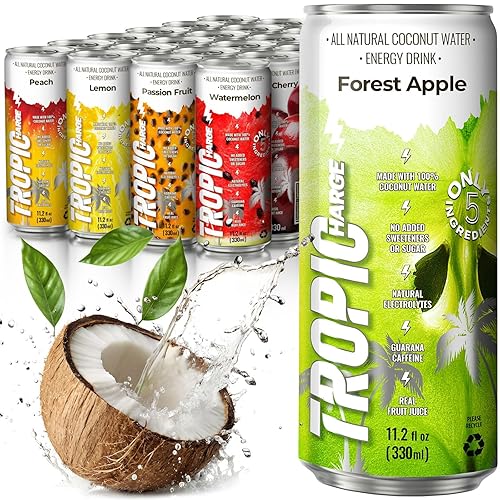 Tropicharge 100% Coconut Water Energy Drink with Guarana Extract (24 pack 330ml/6 flavours) - Zero Sweeteners or Added Sugar - All Natural - Passion