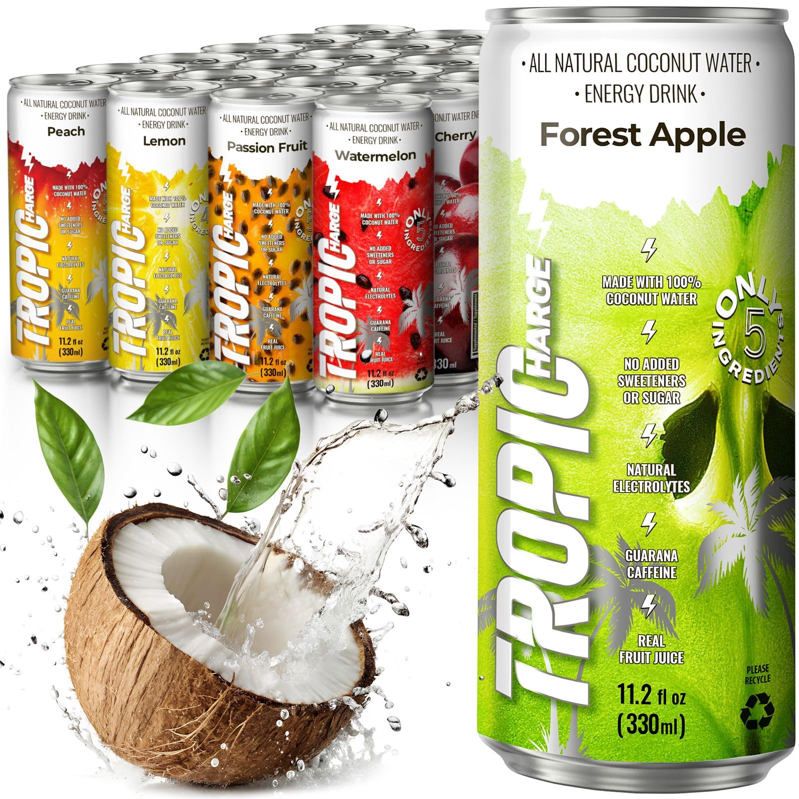 Tropicharge 100% Coconut Water Energy Drink with Guarana Extract (24 pack 330ml/6 flavours) - Zero Sweeteners or Added Sugar - All Natural - Passion