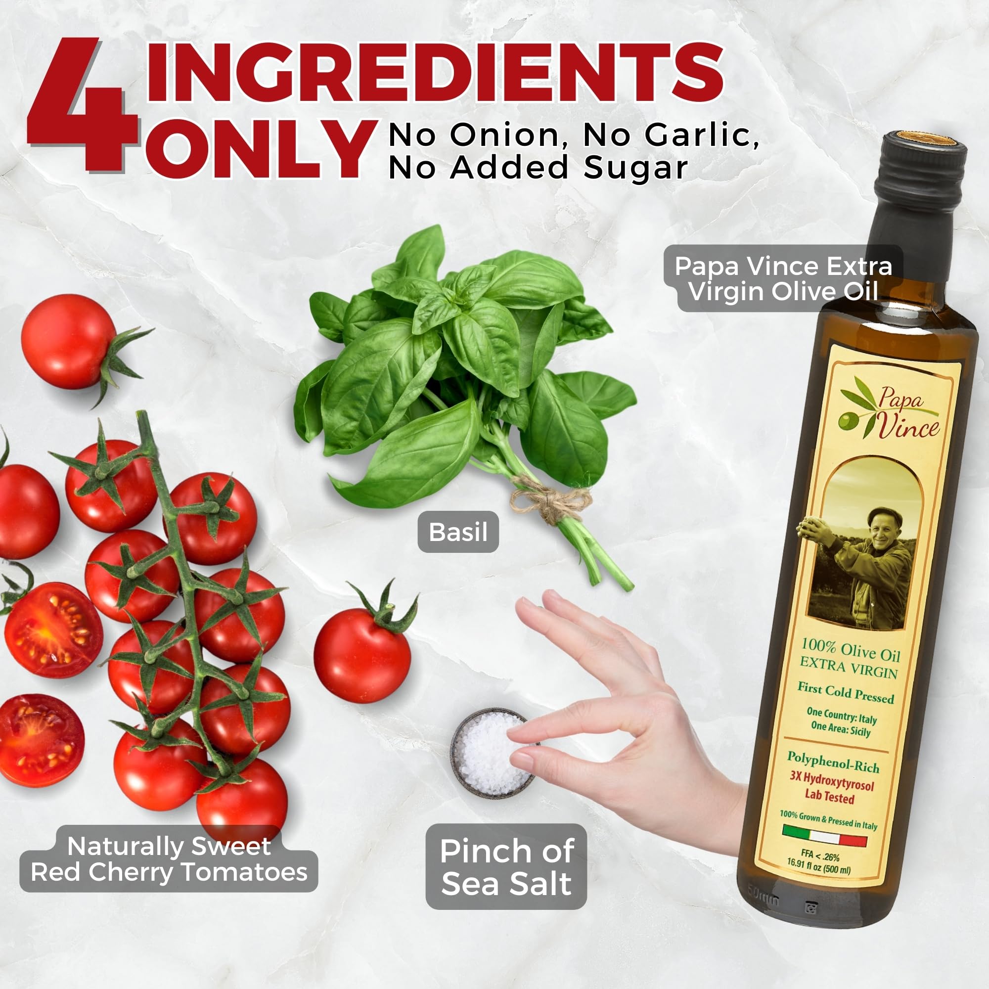 Papa Vince Low Sodium Cherry Tomato Sauce - Made in Italy, 50 mg Sodium per serving, 4-pack, 333g each Glass Jar