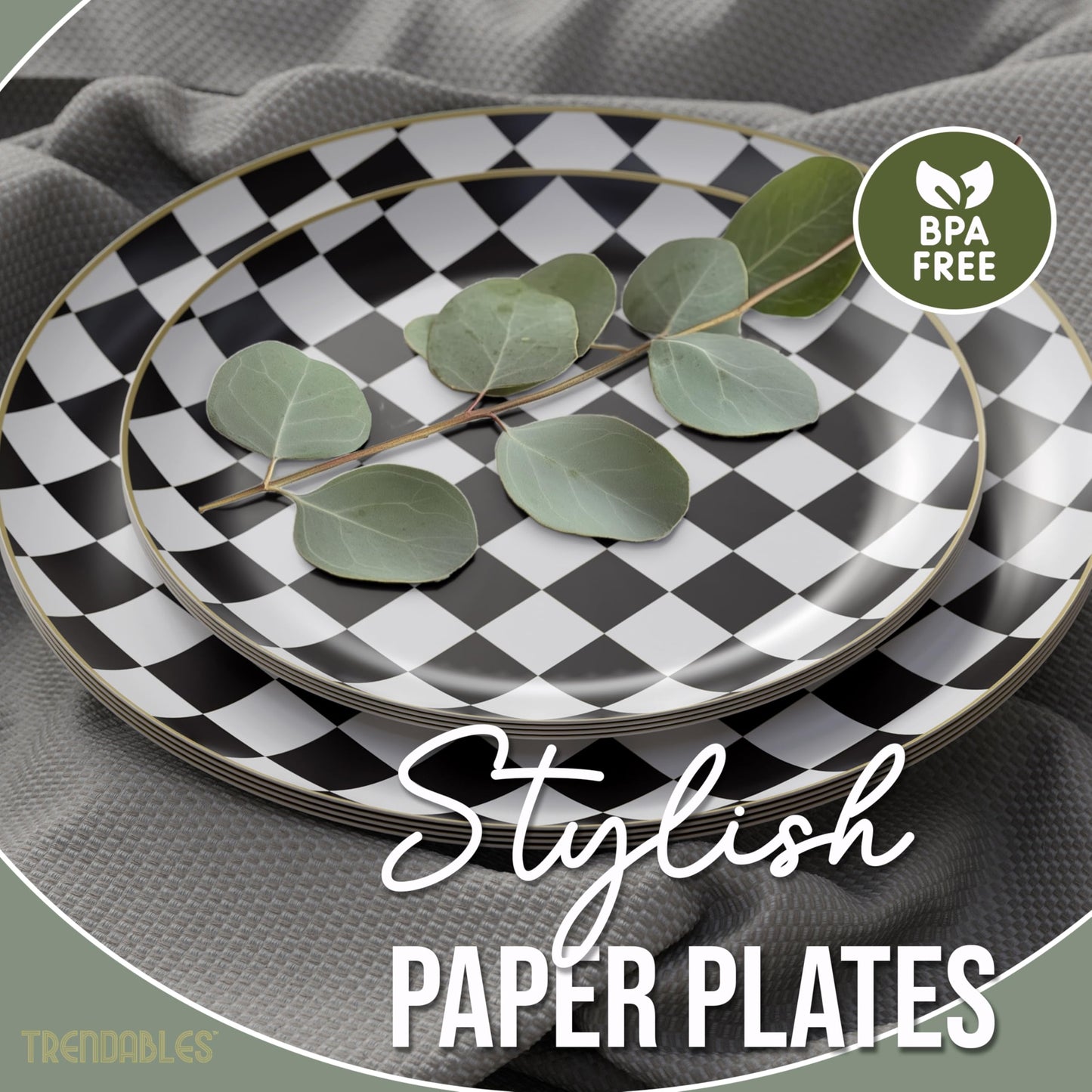 Trendables Heavy Duty Paper Plates Bulk 40 Pcs Disposable Party Plates - 20 X 8 Inch Dessert Plate & 20 X 10 Inch Paper Plate Checkered decor, black
