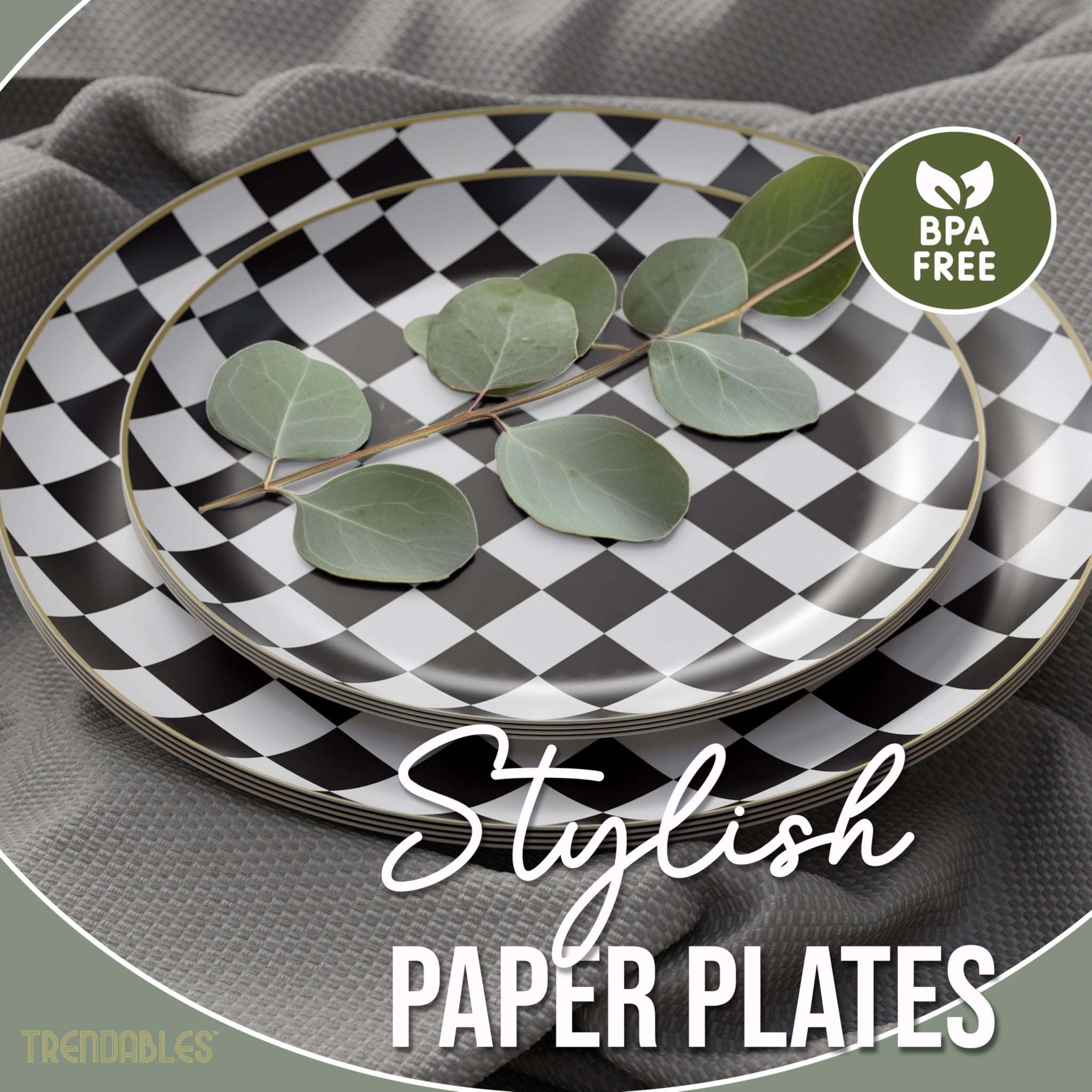 Trendables Heavy Duty Paper Plates Bulk 40 Pcs Disposable Party Plates - 20 X 8 Inch Dessert Plate & 20 X 10 Inch Paper Plate Checkered decor, black
