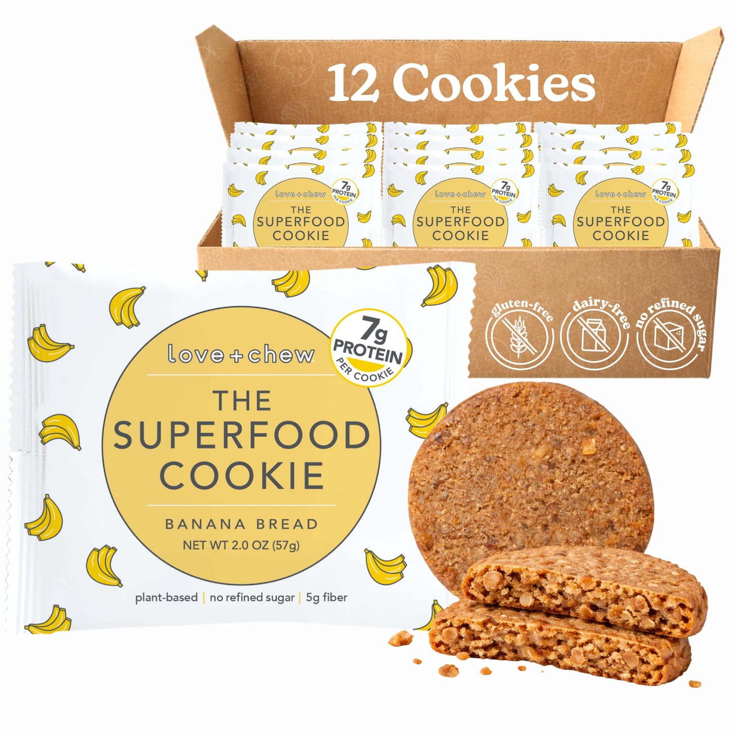 Love + Chew Superfood Soft Baked Vegan Cookies, Gluten Free, 7g Plant Based Protein Cookie, Healthy Snacks for Adults and Kids, Refined Sugar Free