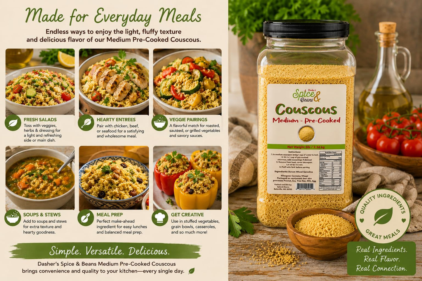 Medium Pre-cooked Couscous | 5 lb Container | Durum Wheat Semolina | Quick Cooking Grain for Salads | Side Dishes | Meal Prep & Mediterranean Recipes by Dasher's Spice & Beans