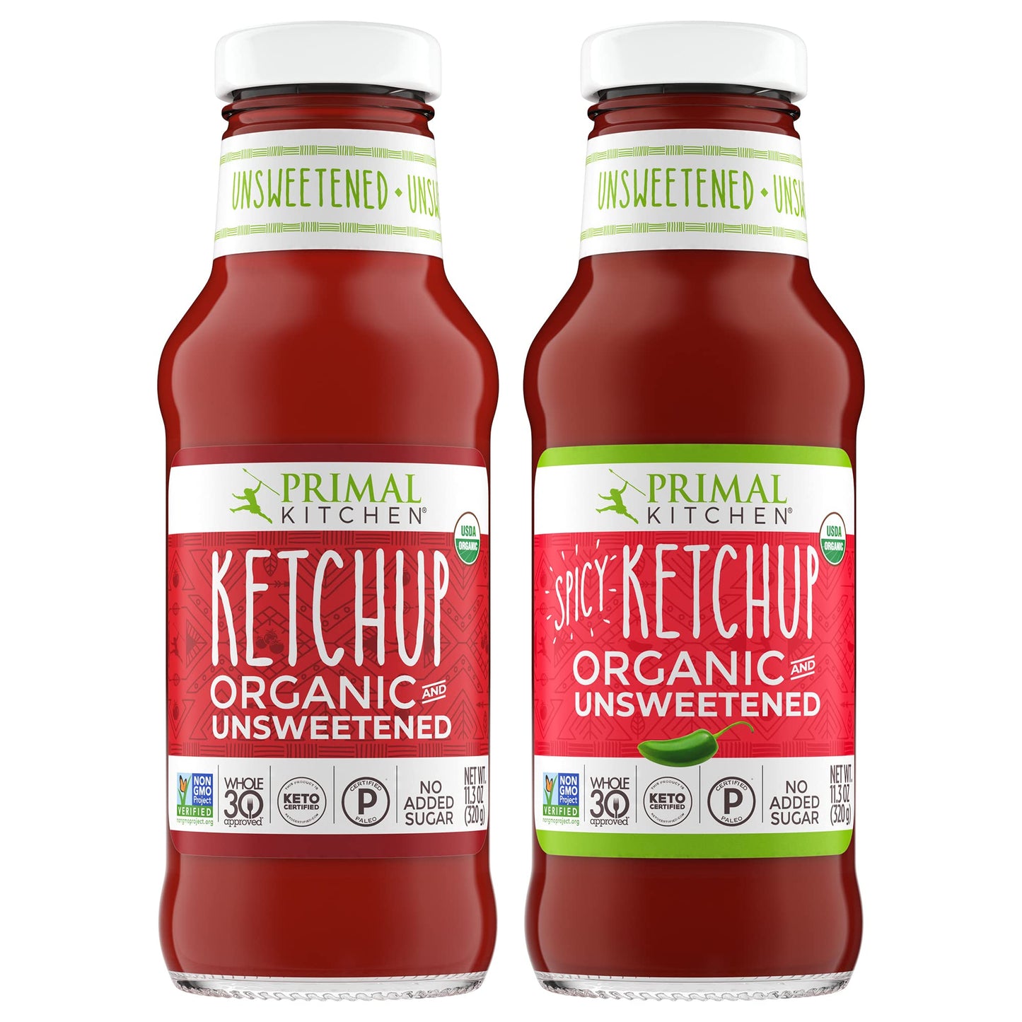Primal Kitchen Organic Ketchup Variety Pack, Original Unsweetened and Spicy, No Cane Sugar or Corn Syrup, 11.3 Ounces, Pack of 2