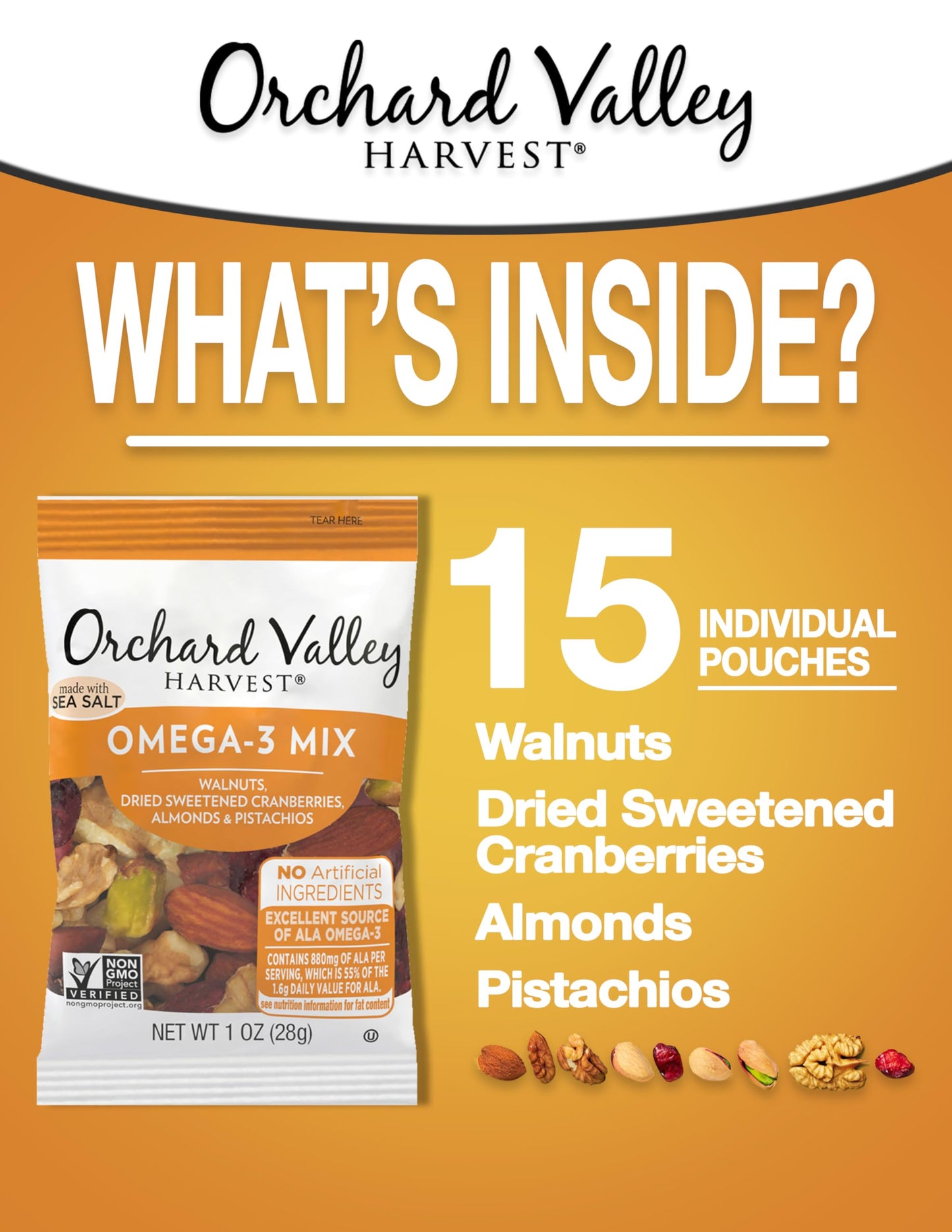 Orchard Valley Harvest Omega-3 Mix, 1 Ounce Bags (Pack of 15), Walnuts, Cranberries, Almonds, and Pistachios, Gluten Free, Non-GMO, No Artificial