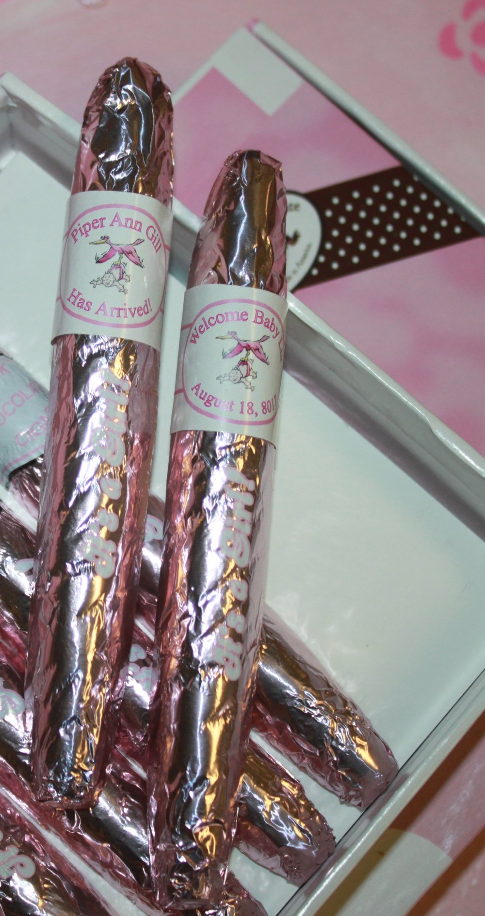 Custom Pink It's a Girl Chocolate Cigars Box of 24 with Personalized Bands