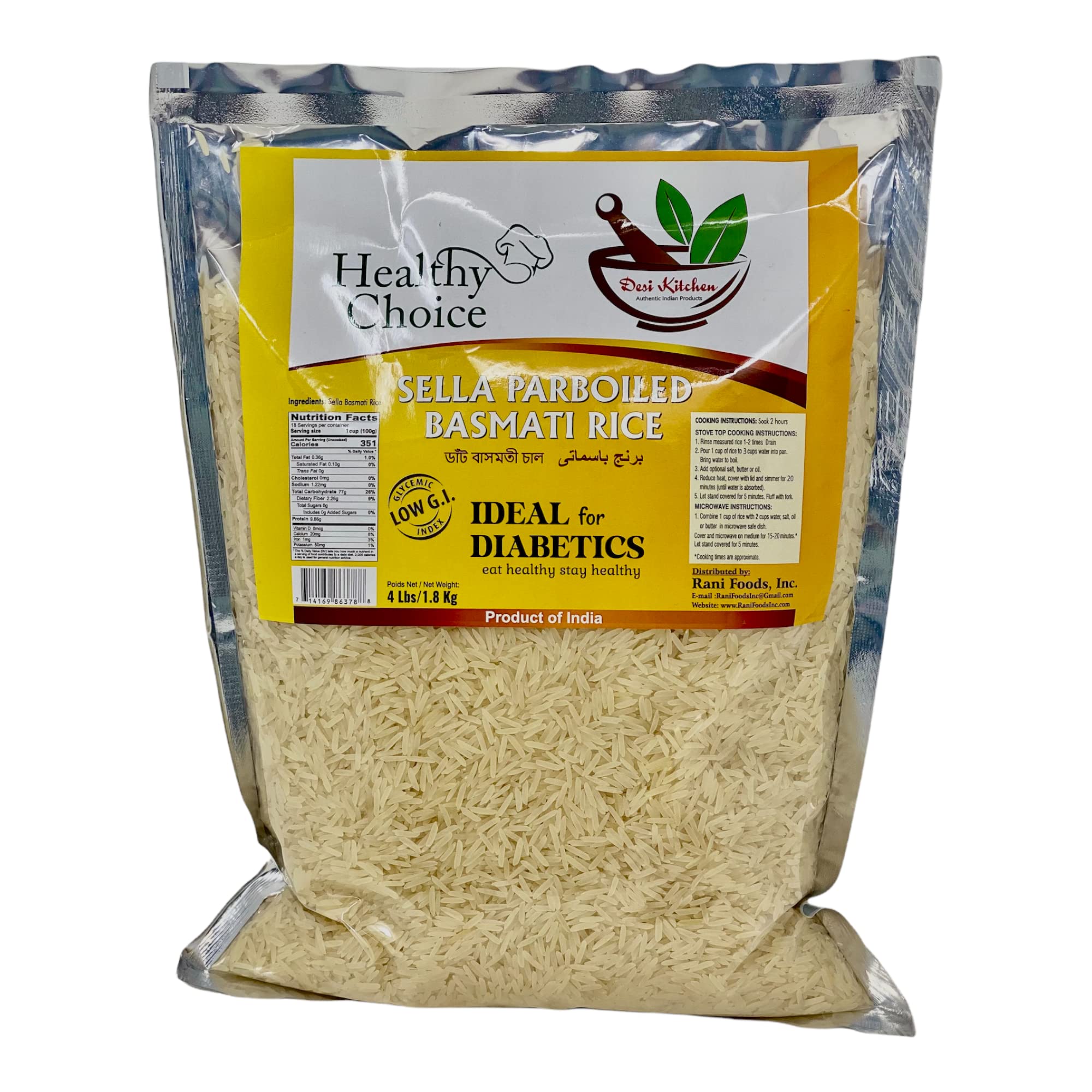 Desi Kitchen All Natural | Premium Quality | Vegan | Sela Parboiled/Diabetics Basmati Rice 4lbs (1.8kg)