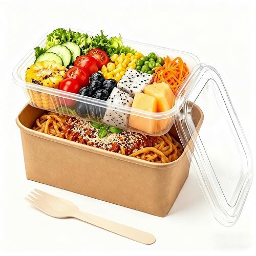 HanBytonan 25 Pack 25oz Food Containers with Trays and Lids, Disposable Brown Paper Bowls
