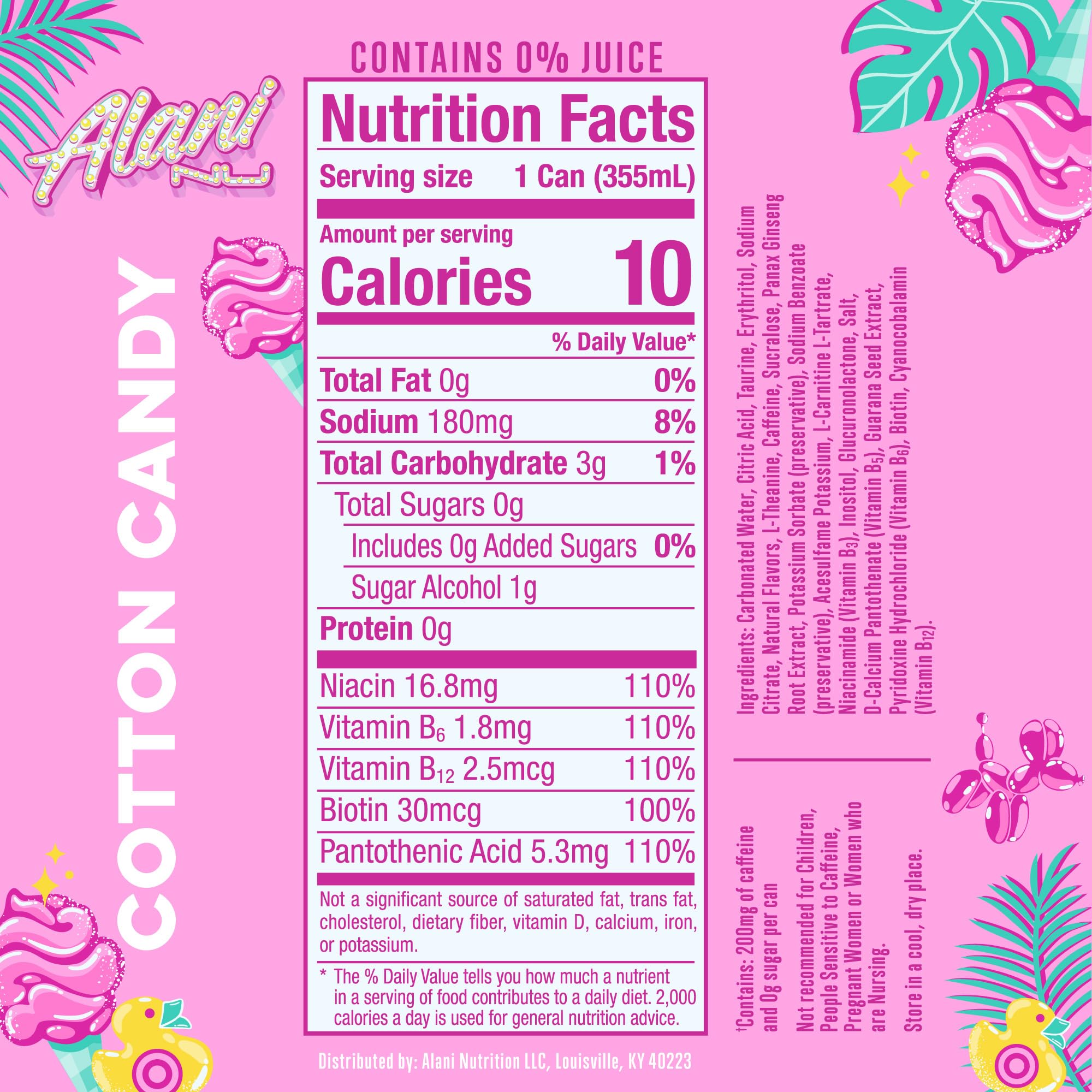 Alani Nu COTTON CANDY, Sugar Free, Low Calorie Energy Drinks, 200mg Caffeine, Biotin, B Vitamins, Zero Sugar, 10 Calories, 12 Fl Oz Cans, 12 Pack