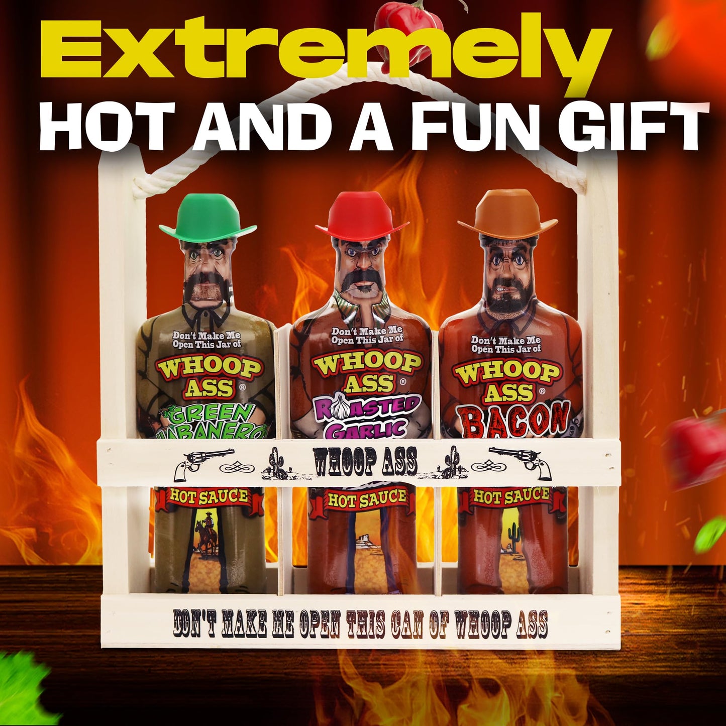 WHOOP ASS Premium Bacon, Green Habanero, and Roasted Garlic Hot Sauce Gift Set Wooden Crate - Try if you dare! - Perfect Gourmet Fathers Day Gift