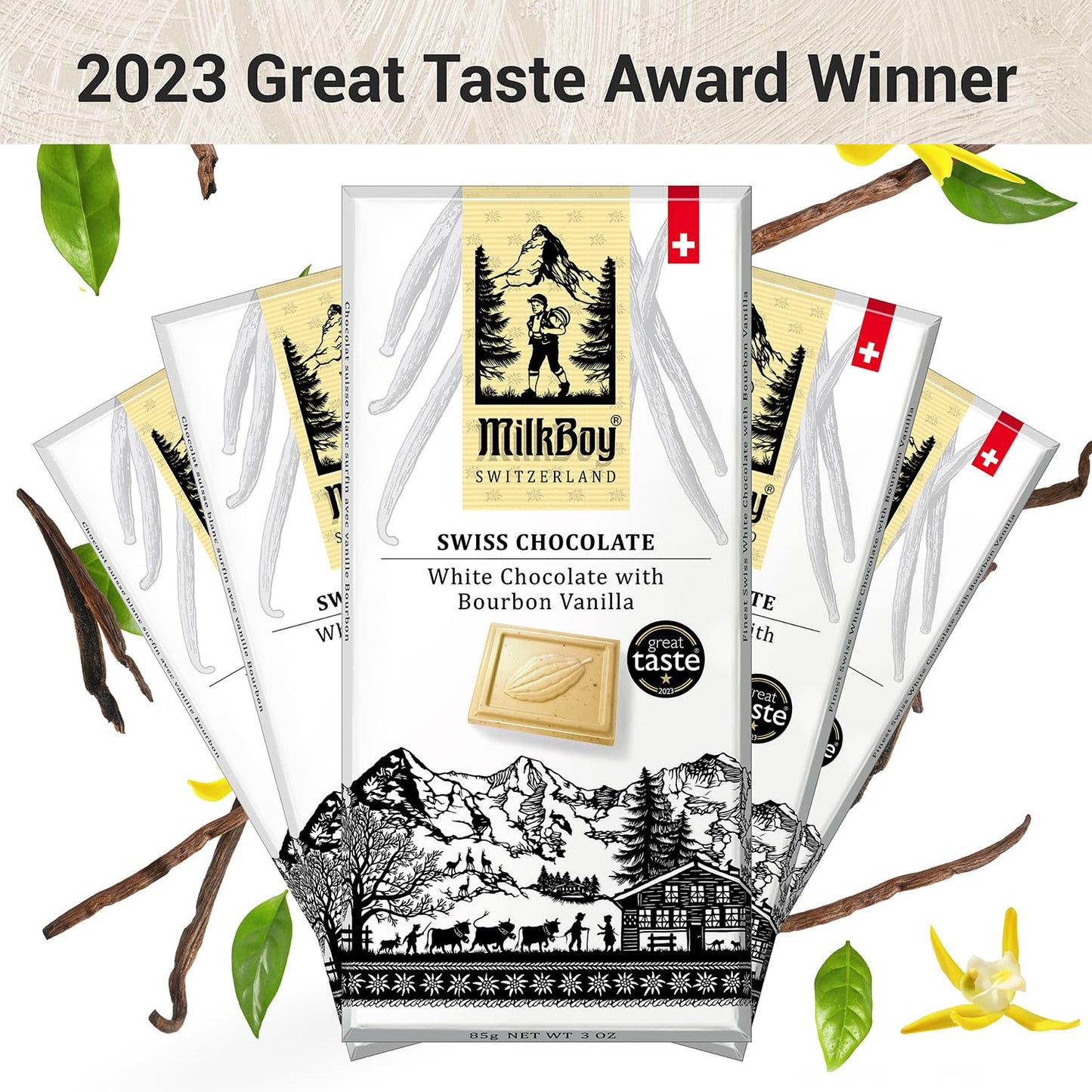 Milkboy Swiss Chocolates White Chocolate Bars - Gourmet Bourbon Vanilla Chocolate Bars - Made with Pure Natural Vanilla - White Premium - Gluten Free