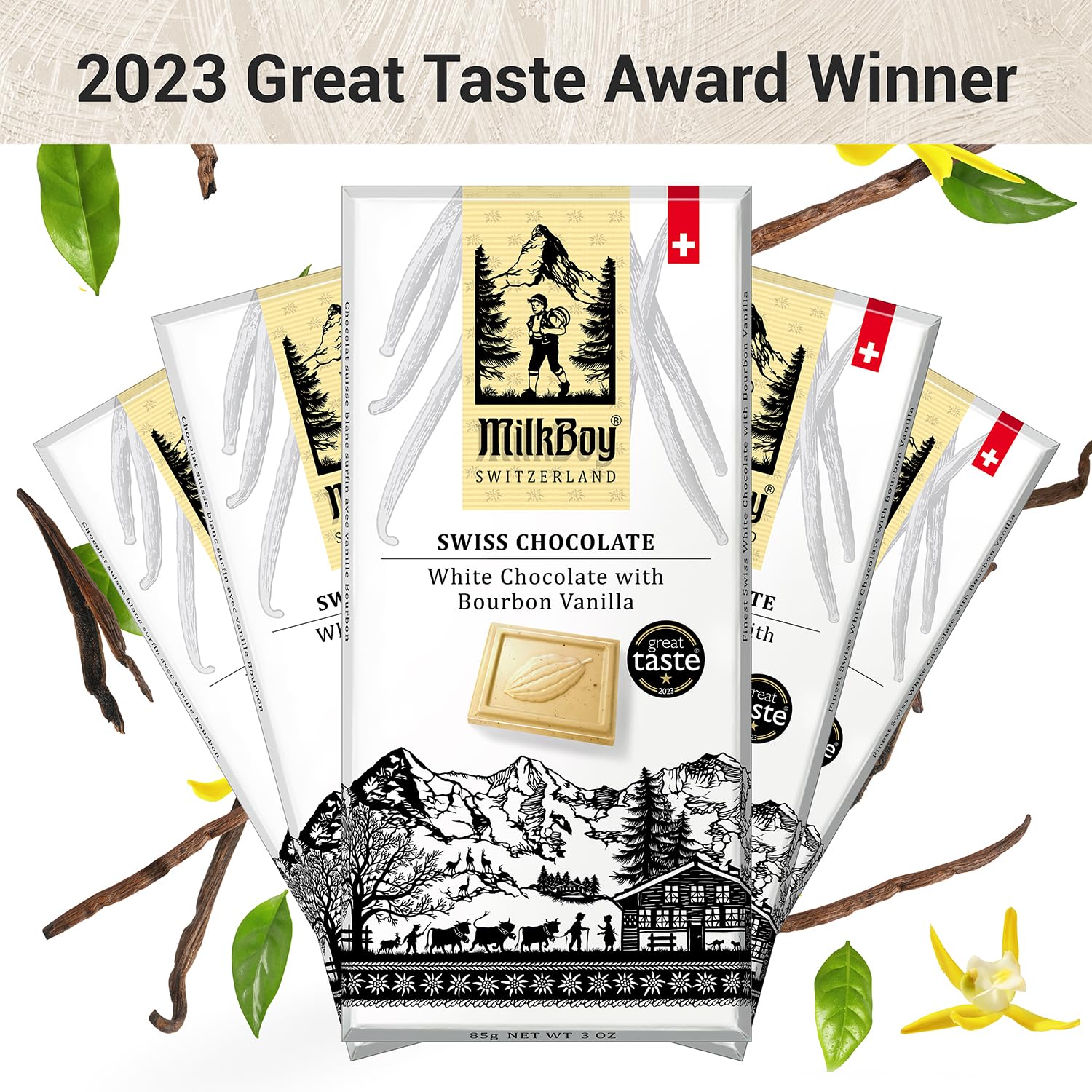 Milkboy Swiss Chocolates White Chocolate Bars - Gourmet Bourbon Vanilla Chocolate Bars - Made with Pure Natural Vanilla - White Premium - Gluten Free