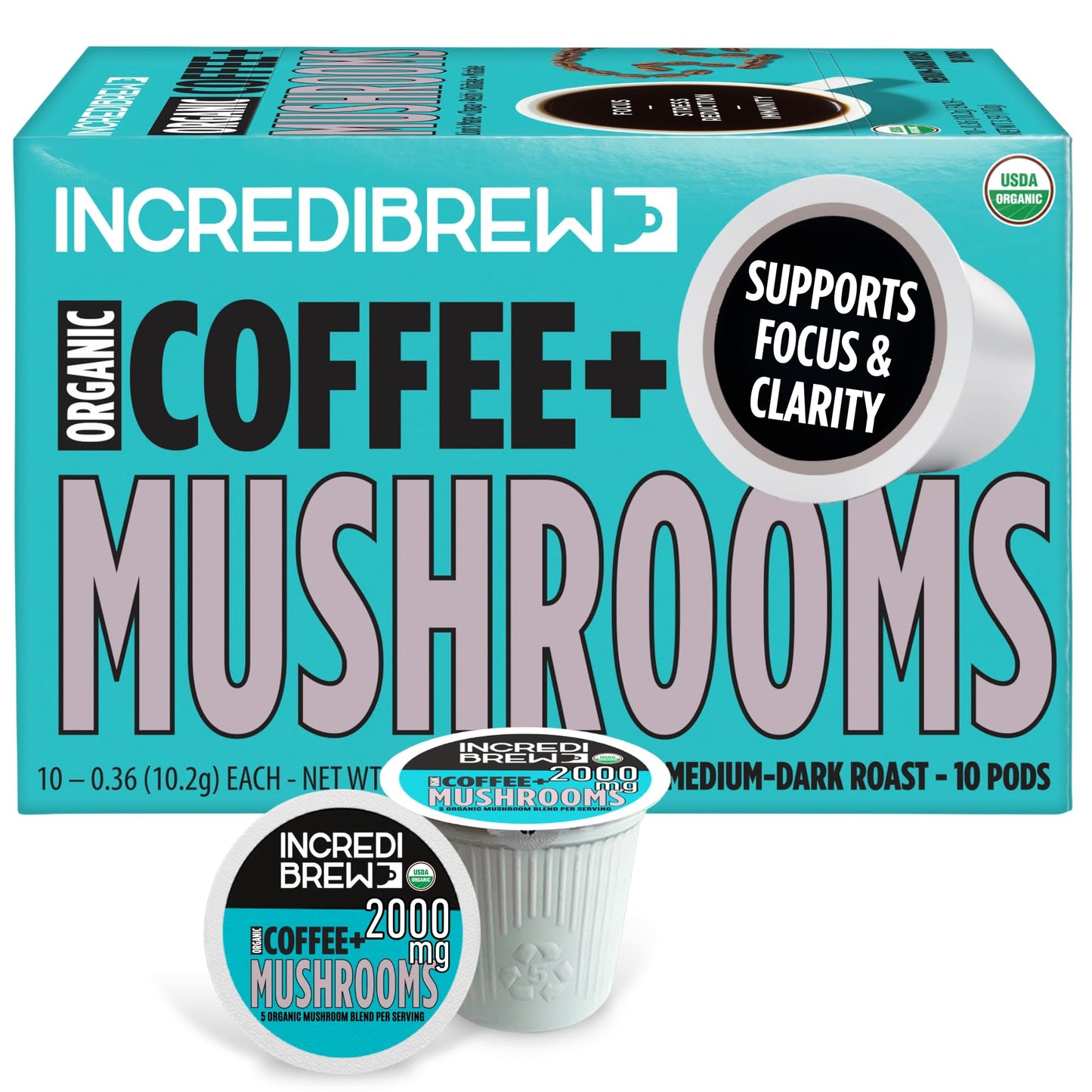 Incredibrew Organic Mushroom Coffee Pods, Keto Friendly with No Sugar; 2000mg Mushrooms (Lion's Mane, Chaga, Reishi, Miatake, Shiitake); Medium-Dark