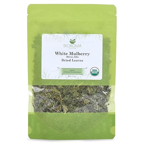 Biokoma Organic White Mulberry Leaf Tea Loose Dried Leaves 1.76oz - Morus Alba Herbal Tea - USDA Organic - Resealable Moisture Proof Pouch - No