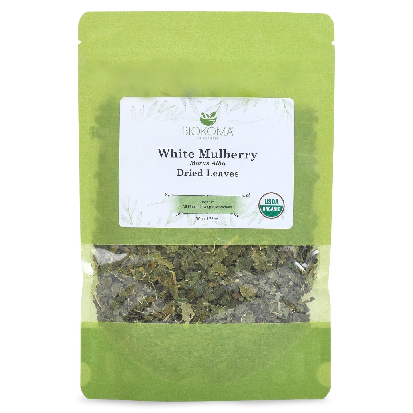 Biokoma Organic White Mulberry Leaf Tea Loose Dried Leaves 1.76oz - Morus Alba Herbal Tea - USDA Organic - Resealable Moisture Proof Pouch - No