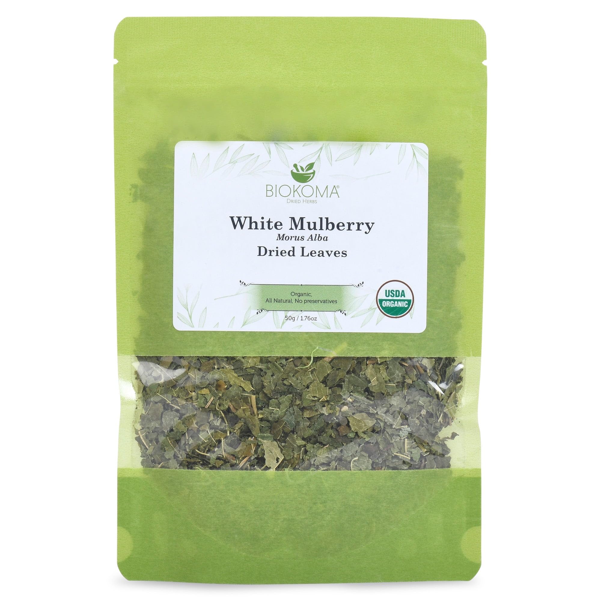 Biokoma Organic White Mulberry Leaf Tea Loose Dried Leaves 1.76oz - Morus Alba Herbal Tea - USDA Organic - Resealable Moisture Proof Pouch - No