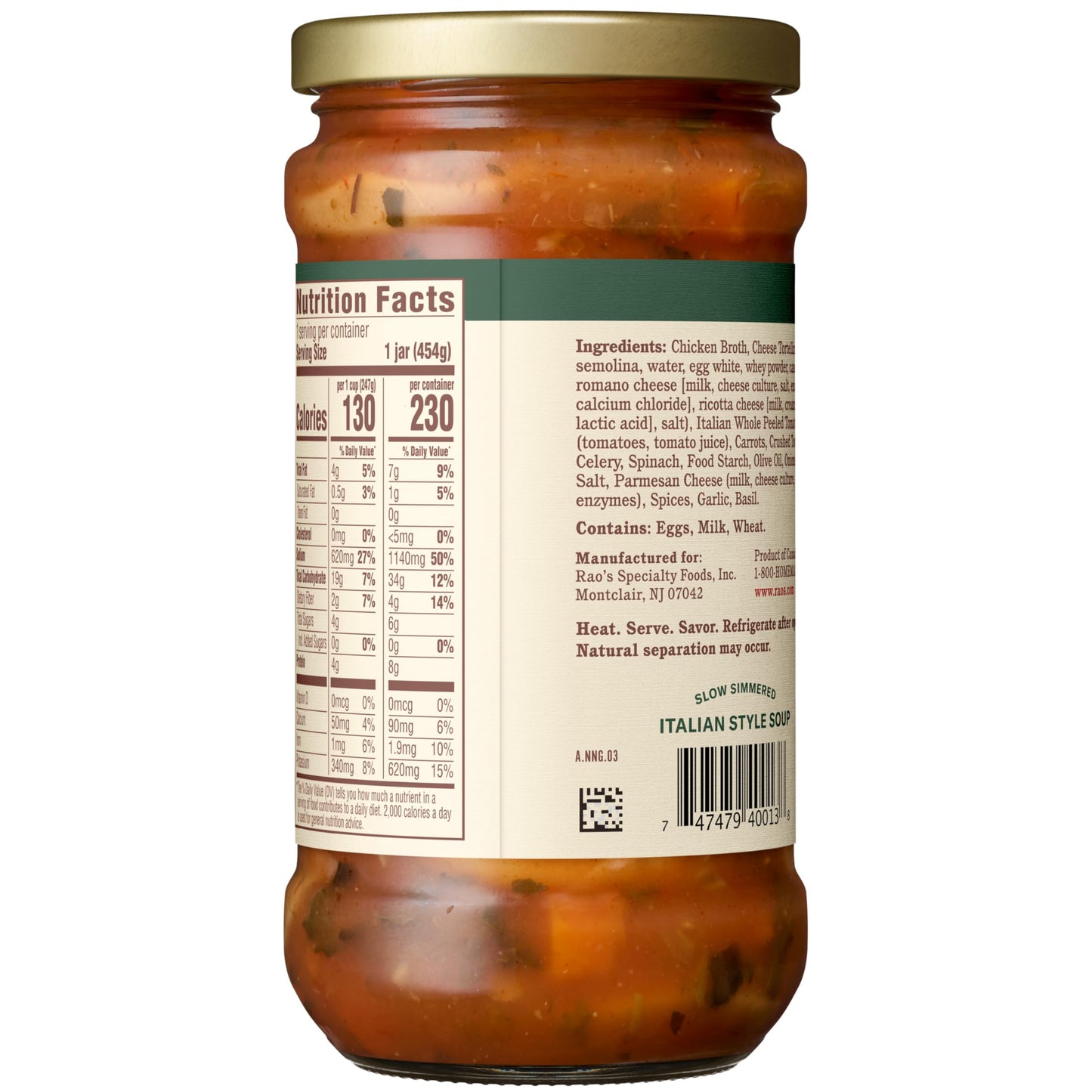 Rao's Homemade Tortellini & Vegetable Soup, 16oz, Real Vegetables, Traditional Italian Heat and Serve Soup