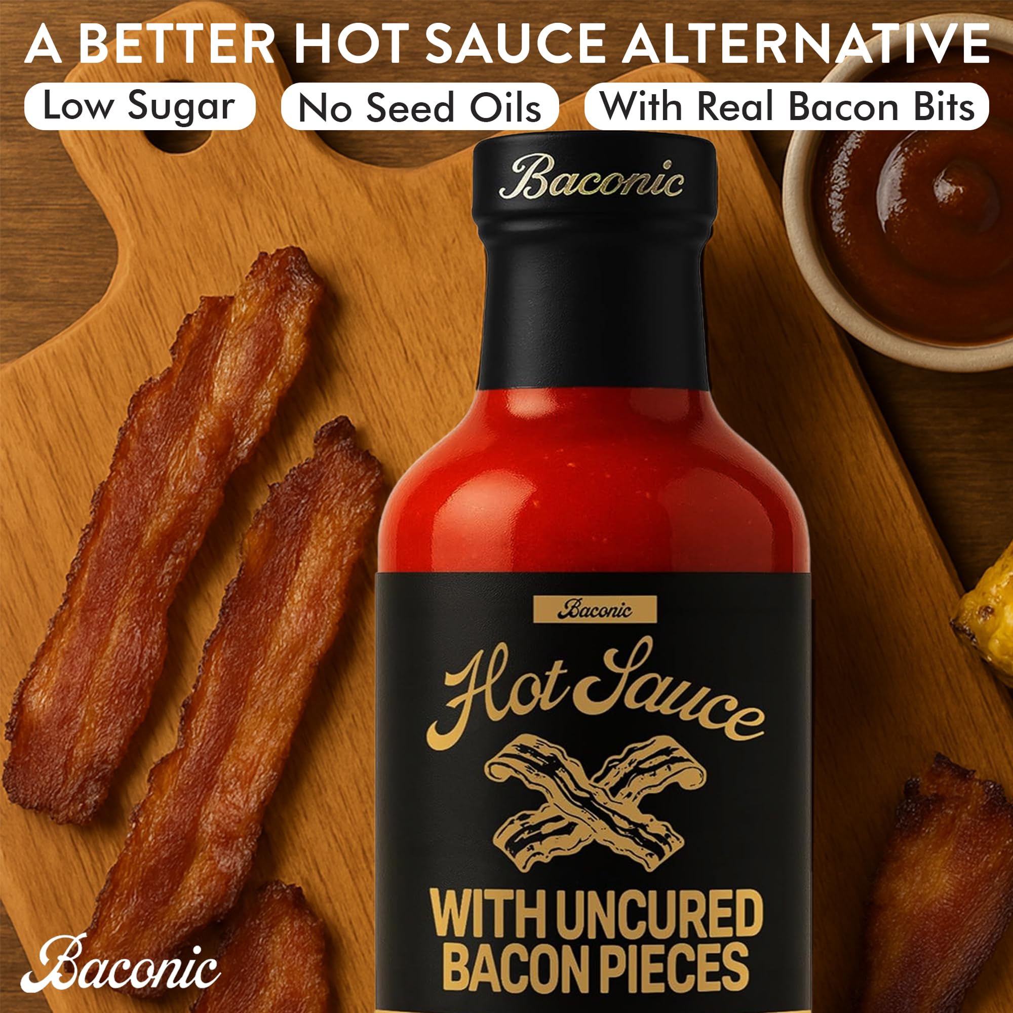 Baconic Bacon Infused Hot Sauce with Real Bacon Bits - Spicy, Zero Sugar, Keto-Friendly, No Seed Oils - Bold Flavor in 12oz Glass Bottle - Perfect