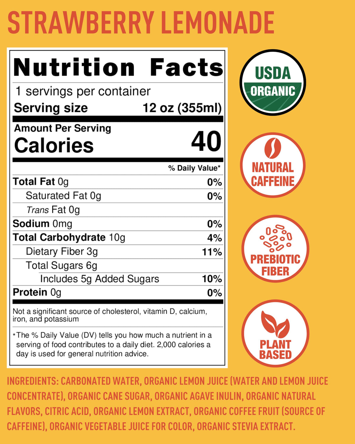 Frujava Organic Energy Drink, Sunrise Strawberry Lemonade, 80mg Natural Caffeine, 3g Prebiotic Fiber, 12oz Can, Powered by Coffee Fruit, Organic, Low