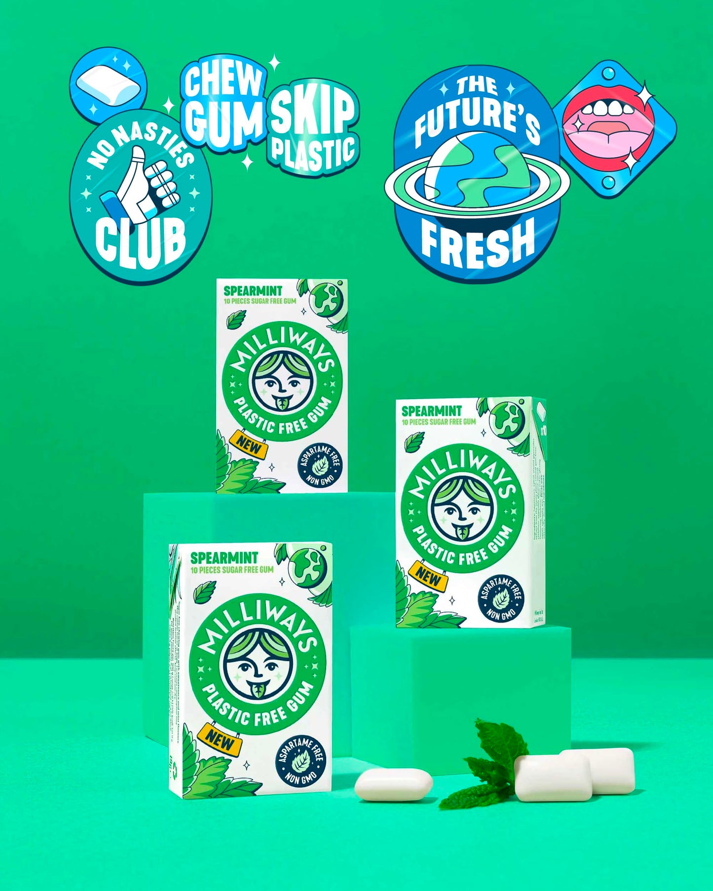 Milliways Spearmint | Plastic Free Gum | Xylitol, Aspartame-Free, Sugar-Free, Plant-Based, Natural Chewing Gum | 120 Pieces Total (12 Packs of 10