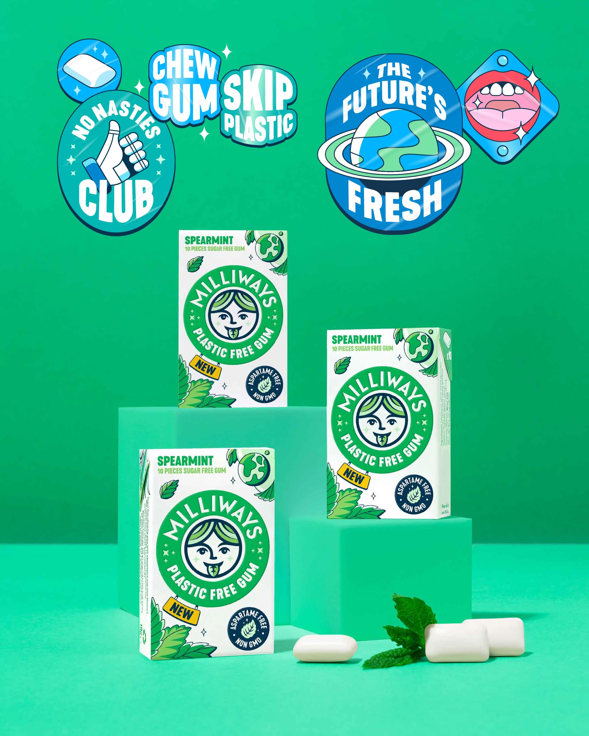 Milliways Spearmint | Plastic Free Gum | Xylitol, Aspartame-Free, Sugar-Free, Plant-Based, Natural Chewing Gum | 120 Pieces Total (12 Packs of 10