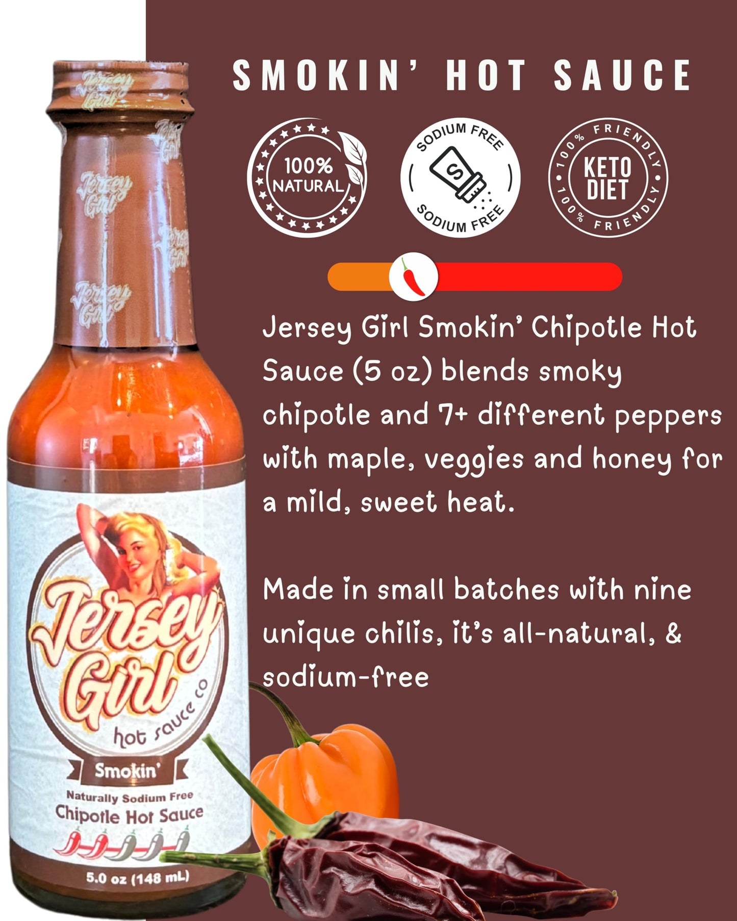 Jersey Girl Smokin’ Chipotle Hot Sauce - Sweet, Smoky & Mild Heat (Naturally Sodium/Salt Free)