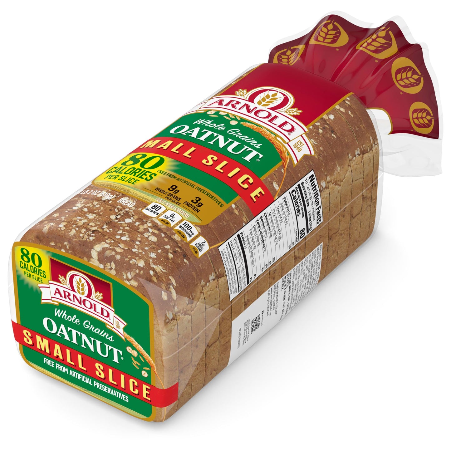 Arnold Whole Grains Small Slice Oatnut Bread, Bread Free From Artificial Colors, Flavors and Preservatives, 18 oz Loaf