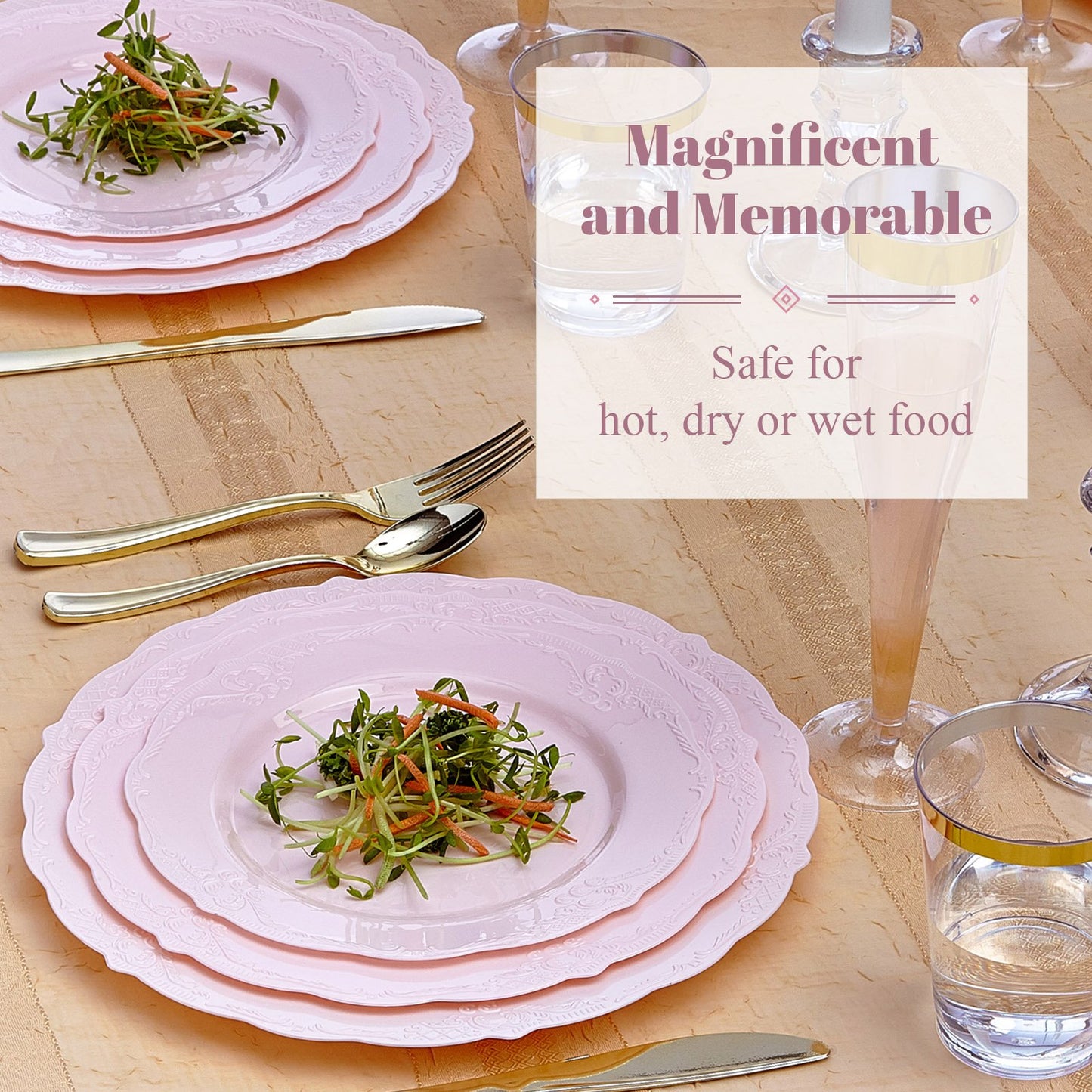 Vintage Collection Set of Blush Dinner, Salad & Dessert Plates - High Quality Embossed Rim Design Disposable Dinnerware - Great for Formal Dinners
