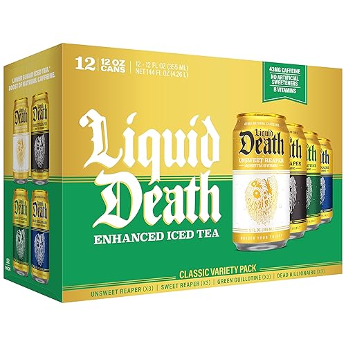 Liquid Death Iced Tea - Classic Variety, Less Sugar*, Boost of Caffeine, B Vitamins, No Artificial Sweeteners, 4 Flavors: Tea/Lemonade, Unsweet