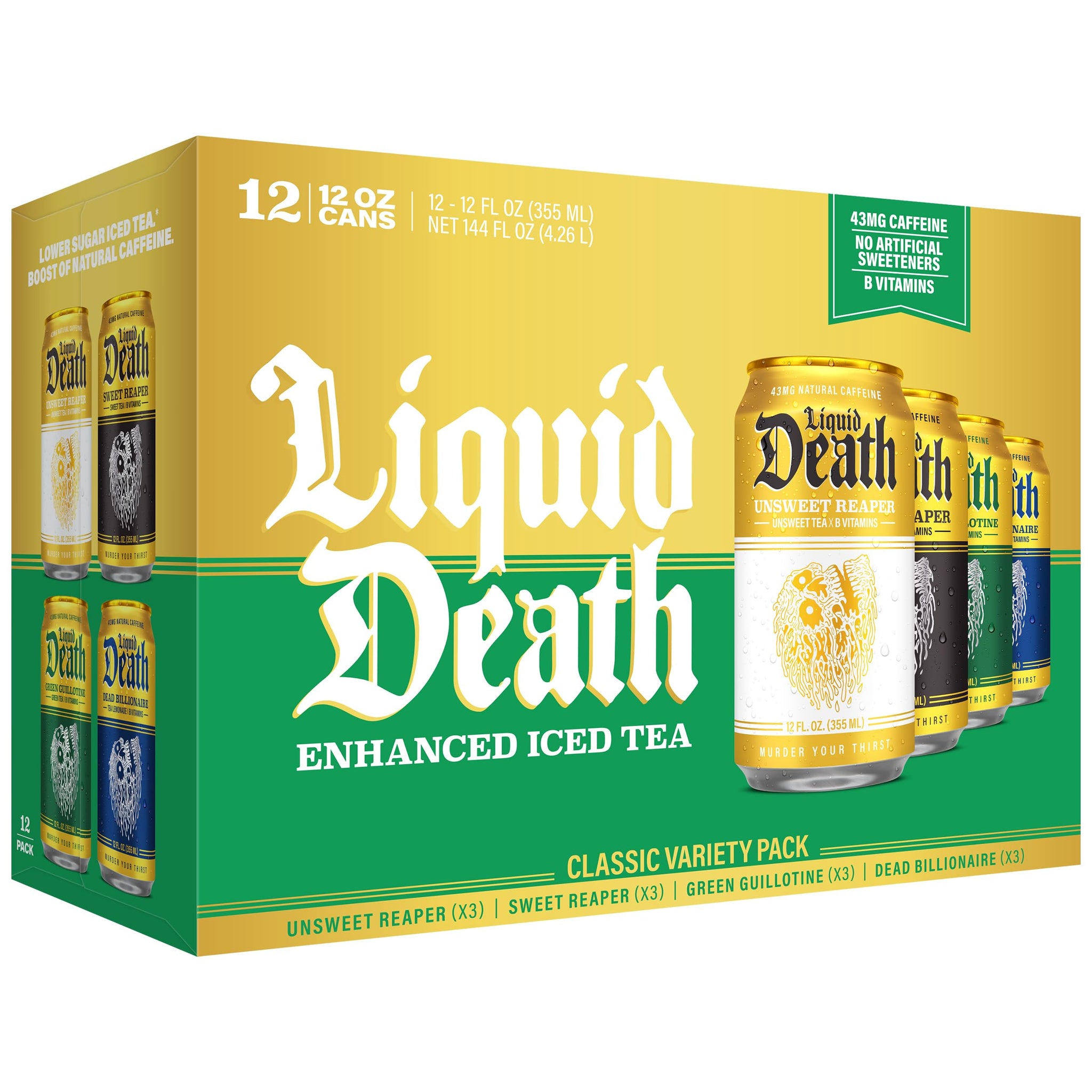 Liquid Death Iced Tea - Classic Variety, Less Sugar*, Boost of Caffeine, B Vitamins, No Artificial Sweeteners, 4 Flavors: Tea/Lemonade, Unsweet