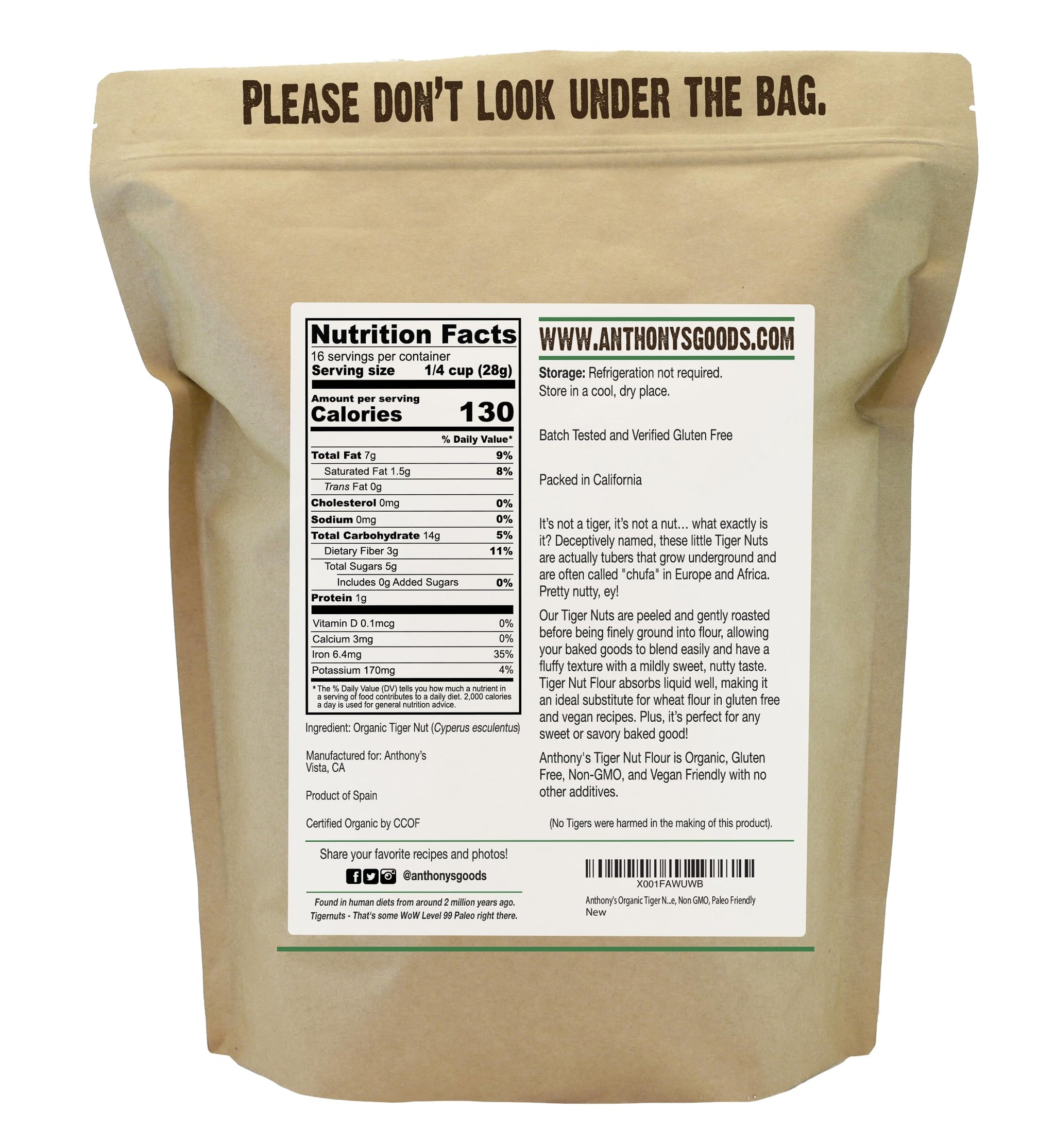 Anthony's Organic Tiger Nut Flour, 1 lb, Gluten Free, Non GMO, Paleo Friendly