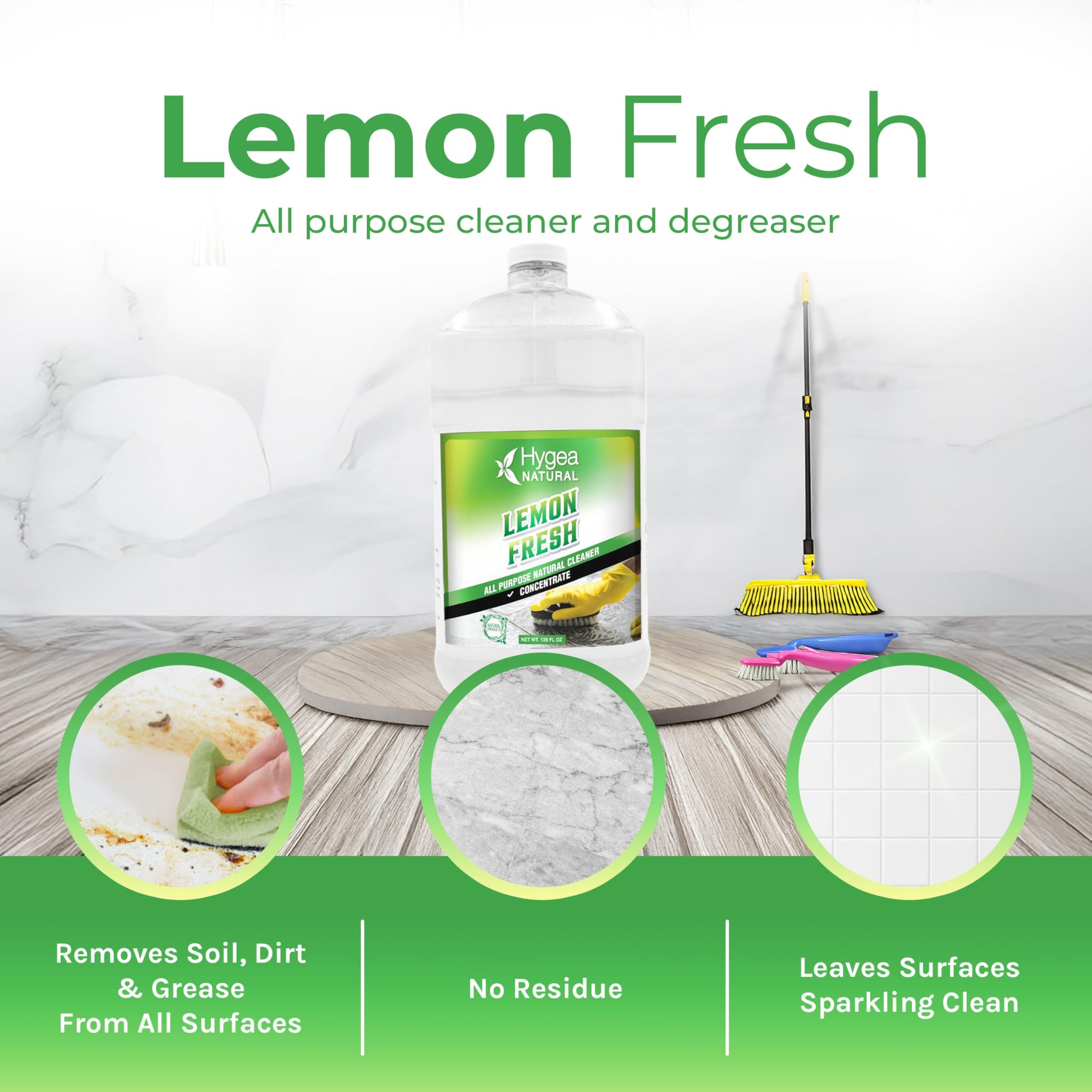 Hygea Natural Lemon Fresh Concentrated All Purpose Cleaner - Non Toxic - Removes Soil, Dirt & Grease - Wet Gloss Finish - Biodegradable, pH-Neutral