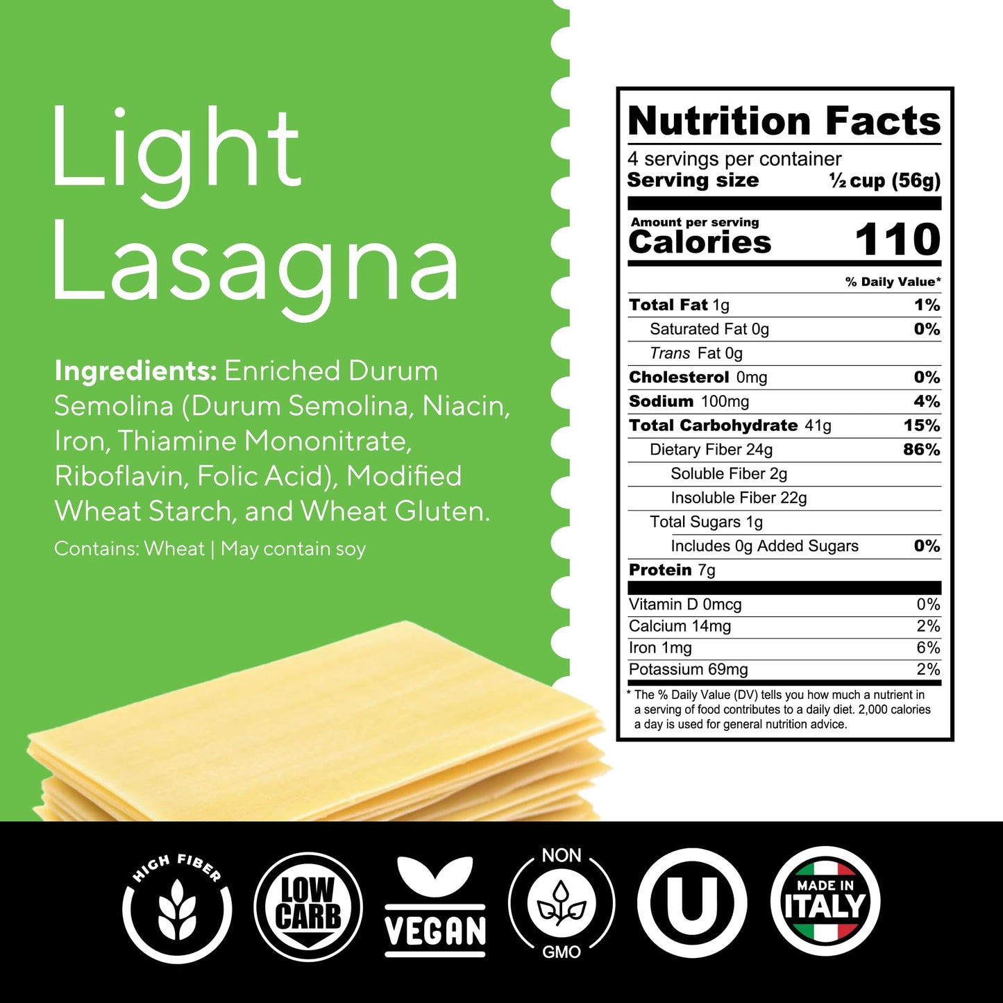 Fiber Gourmet Pasta Light Lasagna Sheets - Low Net Carb Noodles with 24g Fiber, 110 Calories, 18g Net Carbs - Made in Italy, Kosher, Vegan, Non-GMO