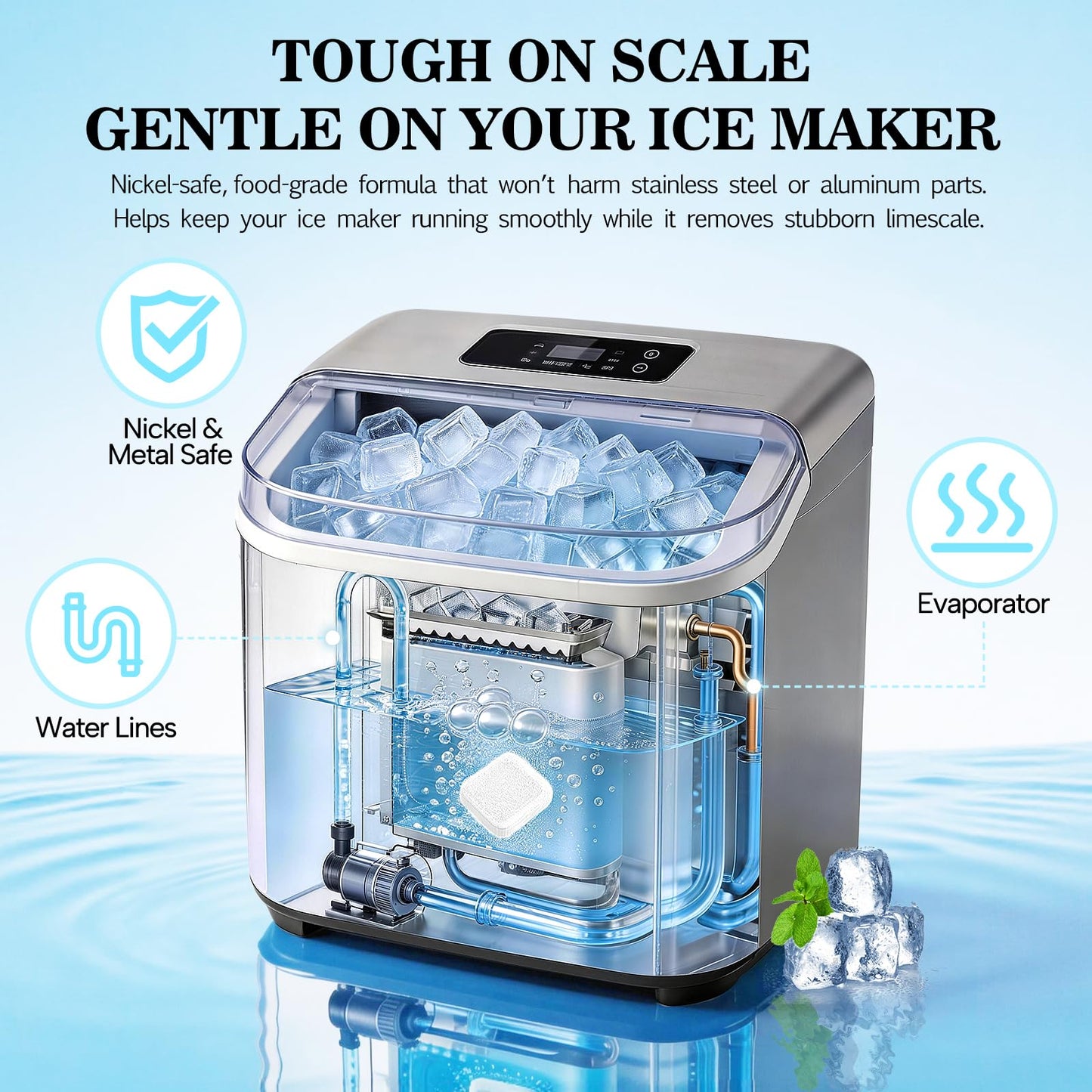 Bellaluce Ice Machine Cleaner Tablets Descaler (32 Pack) - Nickel-Safe Countertop Portable Commercial Ice Maker Cleaning - Remove Hard Water Buildup