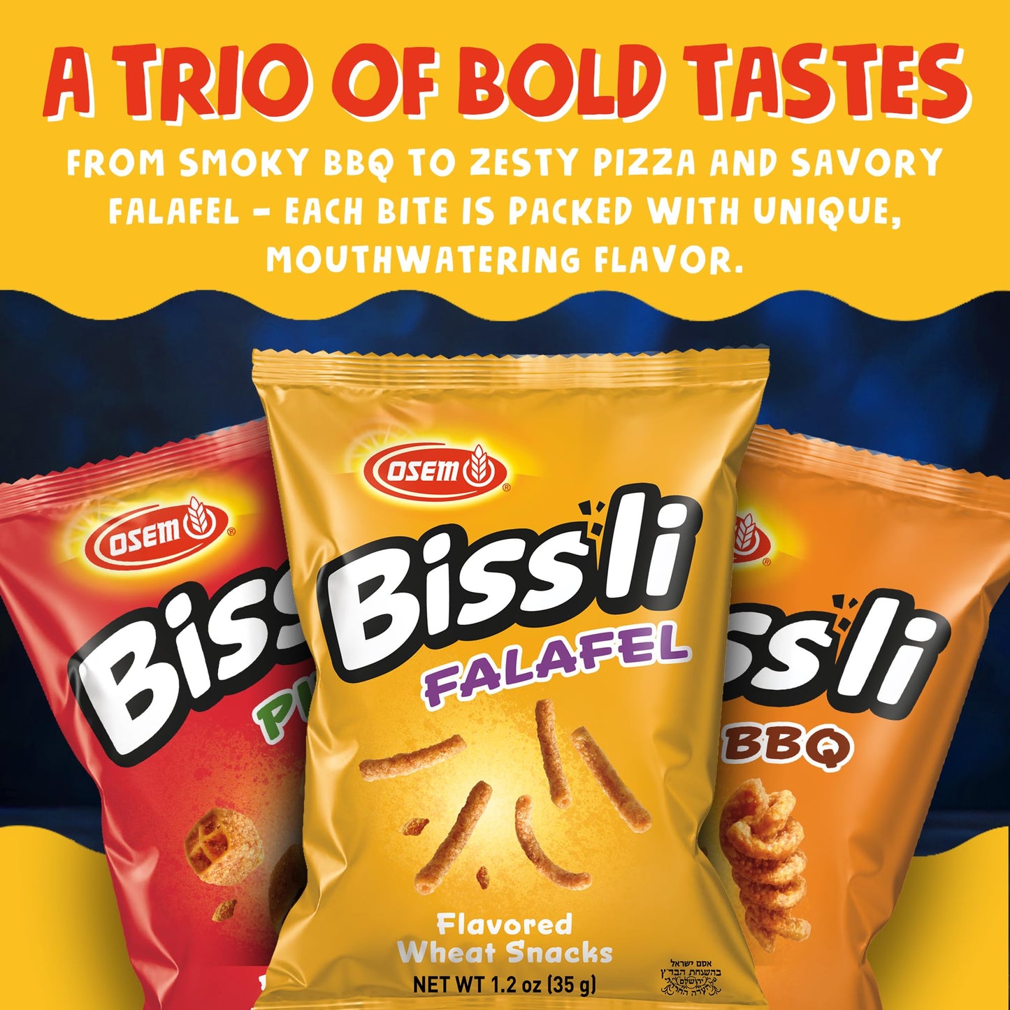 Osem Bissli Variety Pack - 3 Bold Flavors: Falafel, Pizza, BBQ, Baked Flavored Snacks, Crunchy Wheat Snacks for Kids & Adults - 1.23oz Bags (Pack
