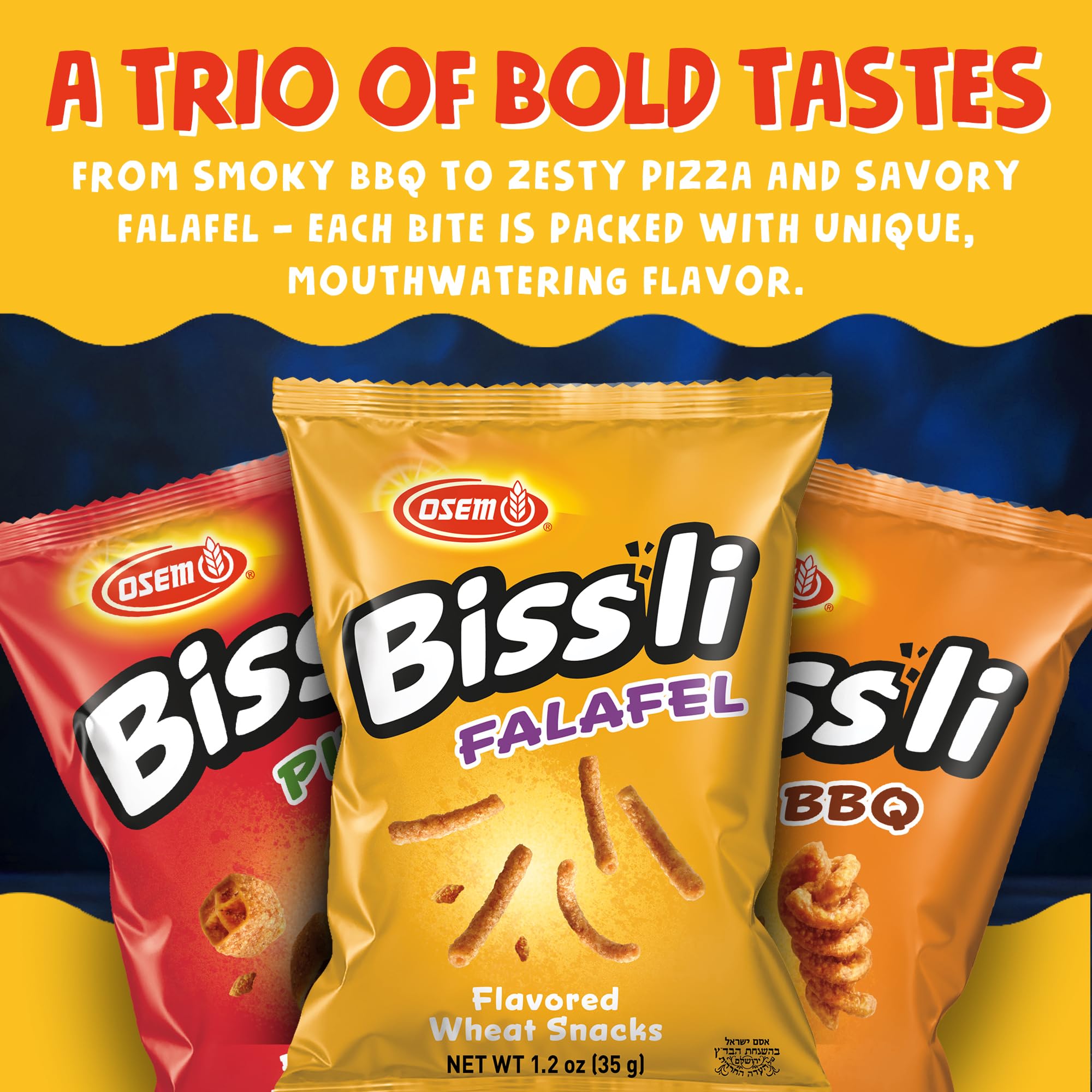 Osem Bissli Variety Pack - 3 Bold Flavors: Falafel, Pizza, BBQ, Baked Flavored Snacks, Crunchy Wheat Snacks for Kids & Adults - 1.23oz Bags (Pack
