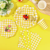 Houuqe 400 Pcs Gingham Party Supplies for 50 Guests Easter Party Yellow and White Scalloped Paper Plates and Napkins Knives Spoon Fork Cup Disposable