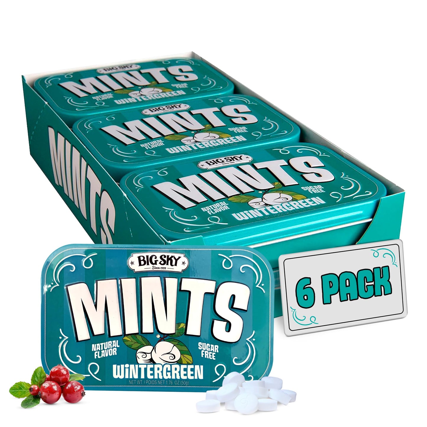 Big Sky Sugar Free Wintergreen Mints - 50 Count Tin (Pack of 6) | Kosher Certified, Vegan Wintergreen Candy | Aspartame & Gluten Free, Natural Breath