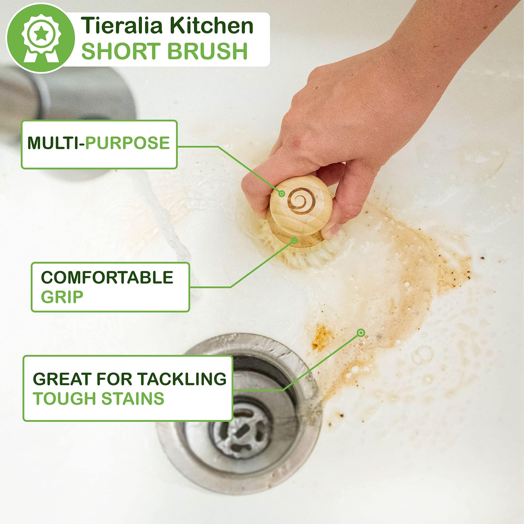 Tieralia Bamboo Dish Brush Gift Set - 5-Piece Kitchen Cleaning Set with Bottle Brush, Round Scrub Brush, Palm Brush & 2 Plant-Based Sponges | Wooden