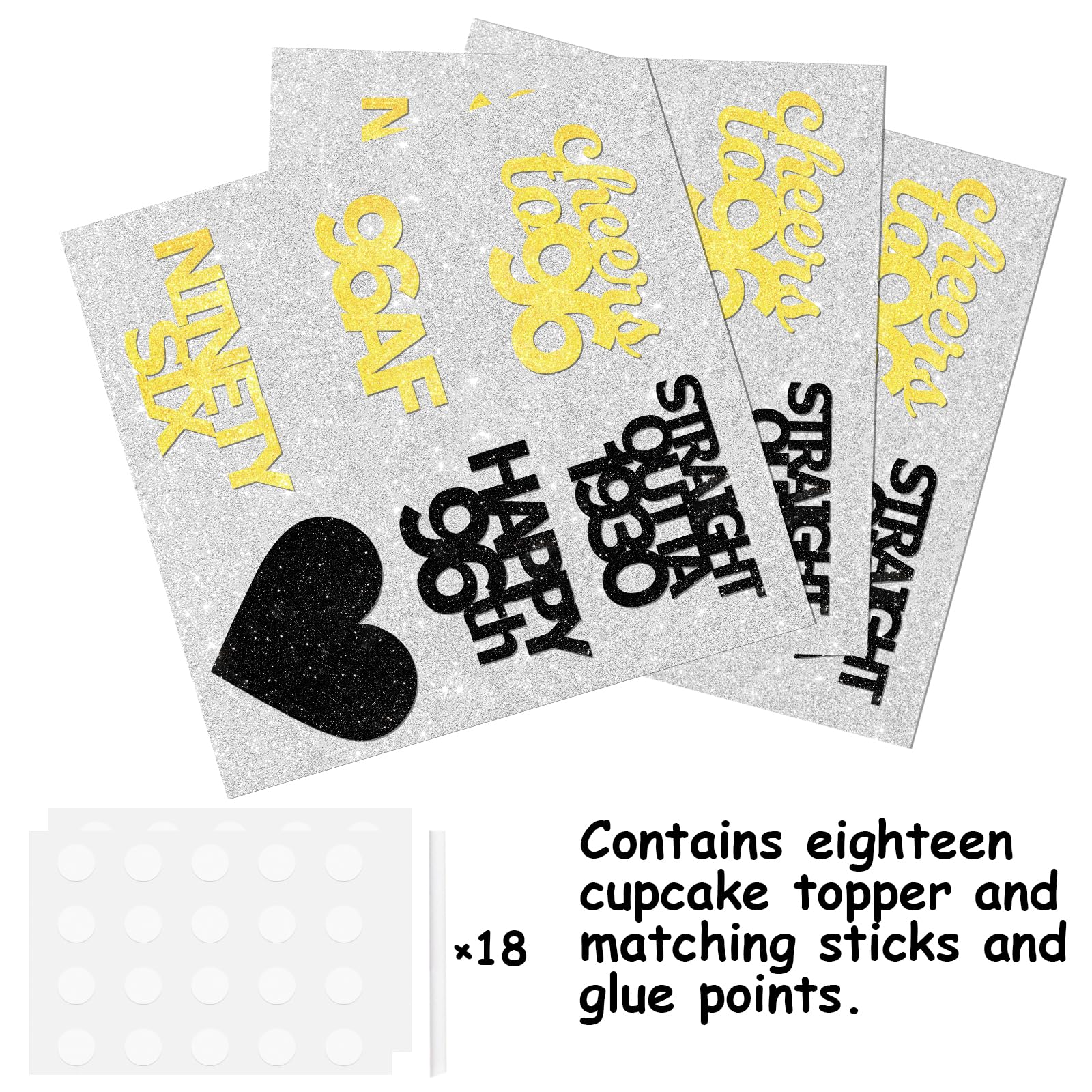 18pcs Black Gold Glitter Dessert Cupcake Pick for Straight Outta 1930 Cheer to 96 Years Old Theme Decor Supplies Happy 96th Birthday Party Decoration