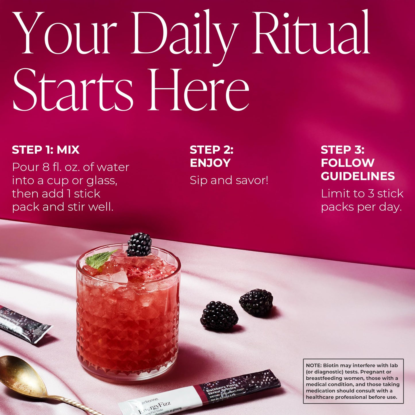 Arbonne Ginseng Energy Supplements - Blackberry Flavor Fizz Sticks, Energy Boost with Caffeine Powder from Guarana and Green Tea, Delicious