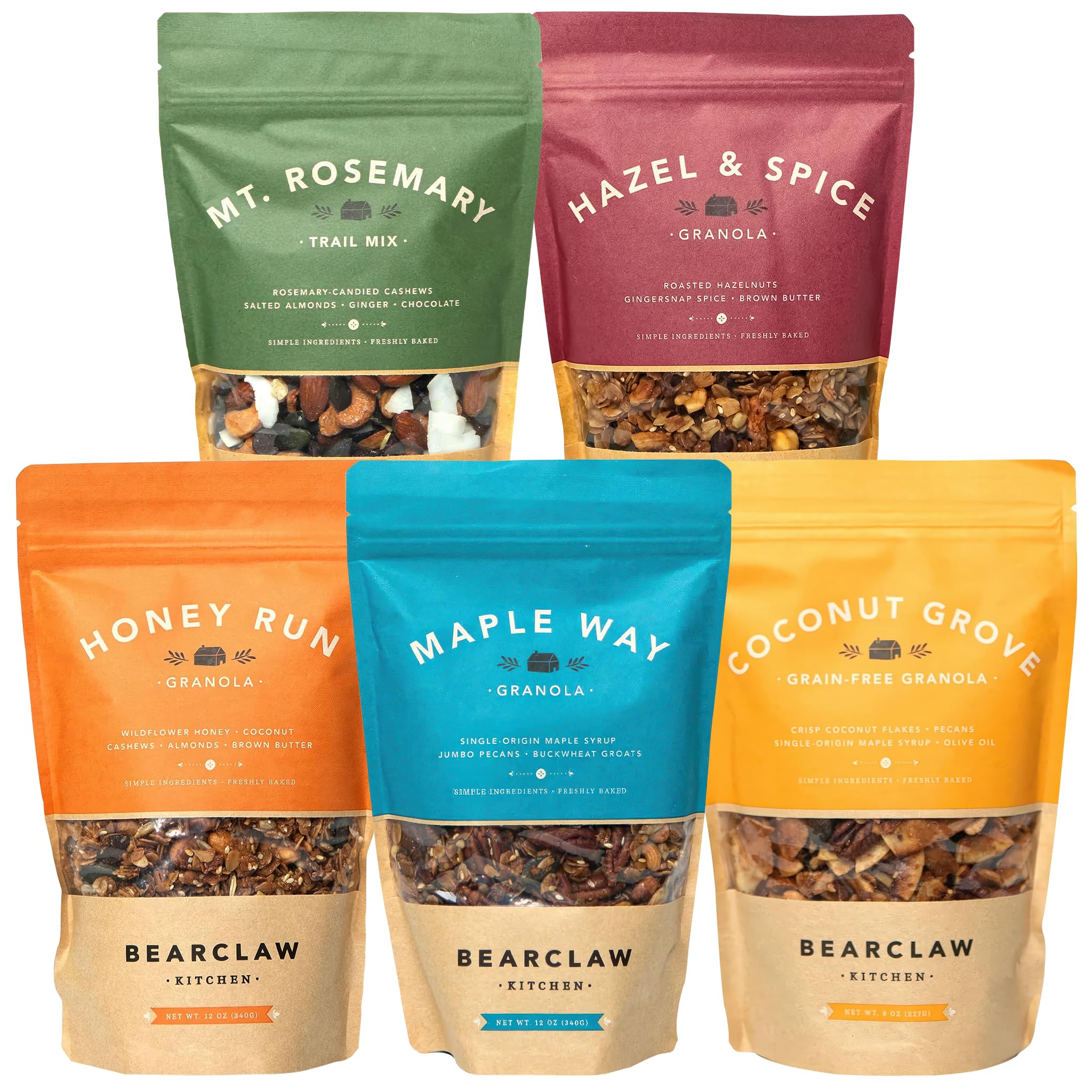 Bearclaw Kitchen Granola & Trail Mix Sampler 5-Pack - Full-Size 8oz Bags of Honey Run, Maple Way, Hazel & Spice, Coconut Grove & Mt. Rosemary