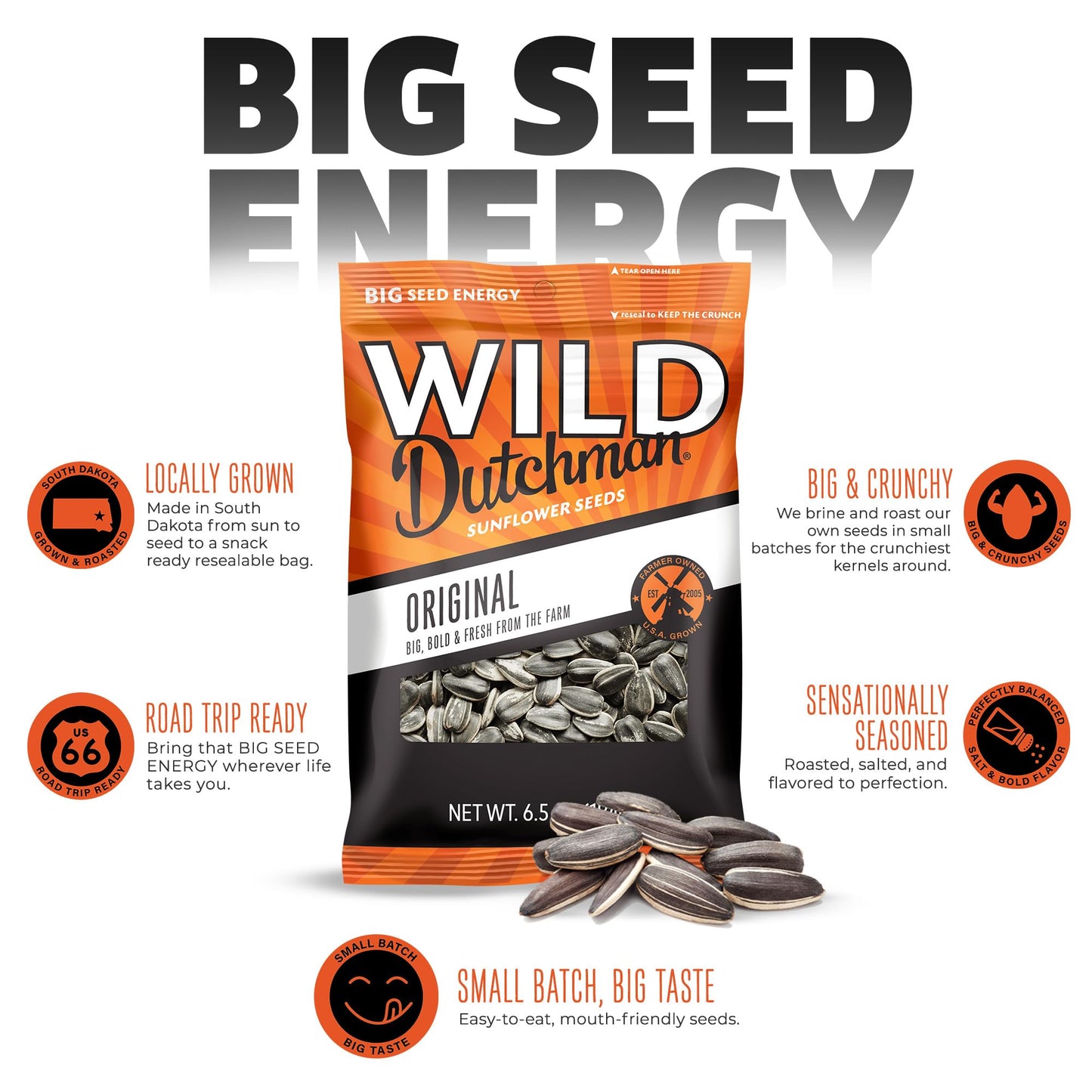 Wild Dutchman Roasted Sunflower Seeds in a Resealable Bag for Ultimate Freshness and an Easy Pour, 5 Flavor Variety Snack Pack, 5.5 oz (Pack of 5)