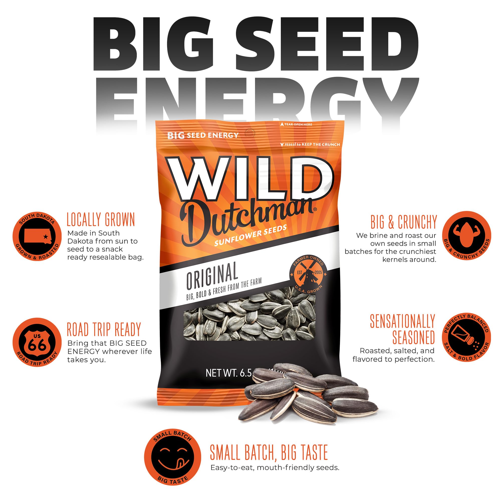 Wild Dutchman Roasted Sunflower Seeds in a Resealable Bag for Ultimate Freshness and an Easy Pour, 5 Flavor Variety Snack Pack, 5.5 oz (Pack of 5)