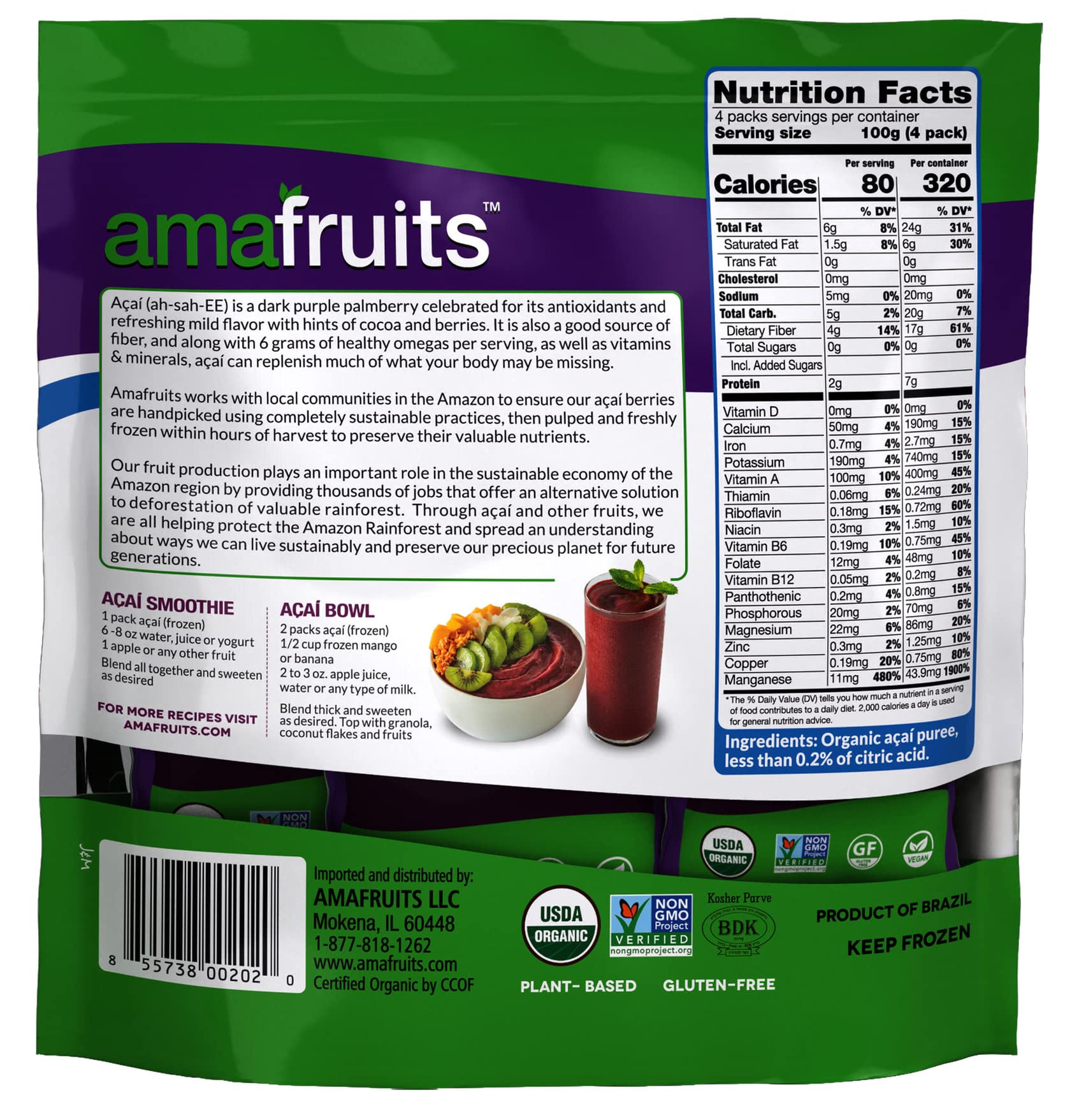 Amafruits Acai Berry Frozen Puree Pure and Unsweetened Smoothie and Bowl Packs | USDA Organic | Non-GMO Certified | Zero Sugar | Antioxidant Rich